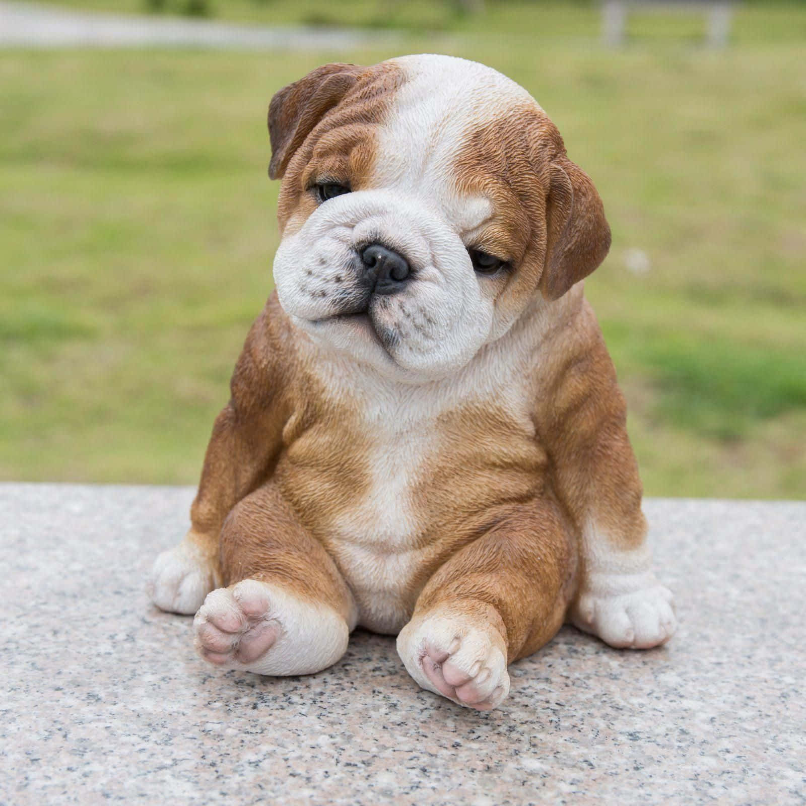 Bulldog 桌布 壁紙 — 一隻可愛的棕白色鬥牛犬幼犬坐在有斑點的石頭表面上，背景是柔軟的草地。