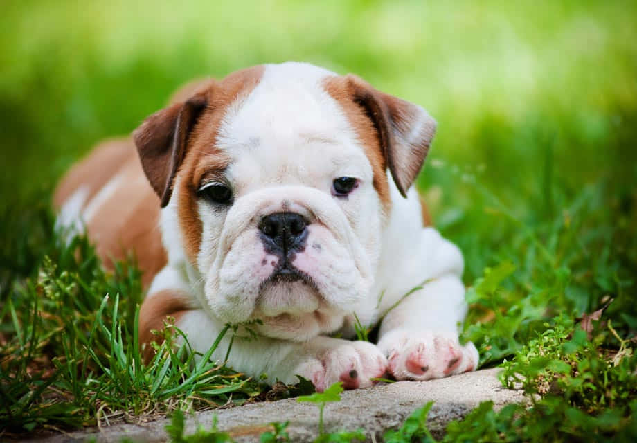 Bulldog 桌布 壁紙 — 一隻可愛的棕白色鬥牛犬幼犬躺在草地上，背景是柔和的綠色，直視鏡頭。