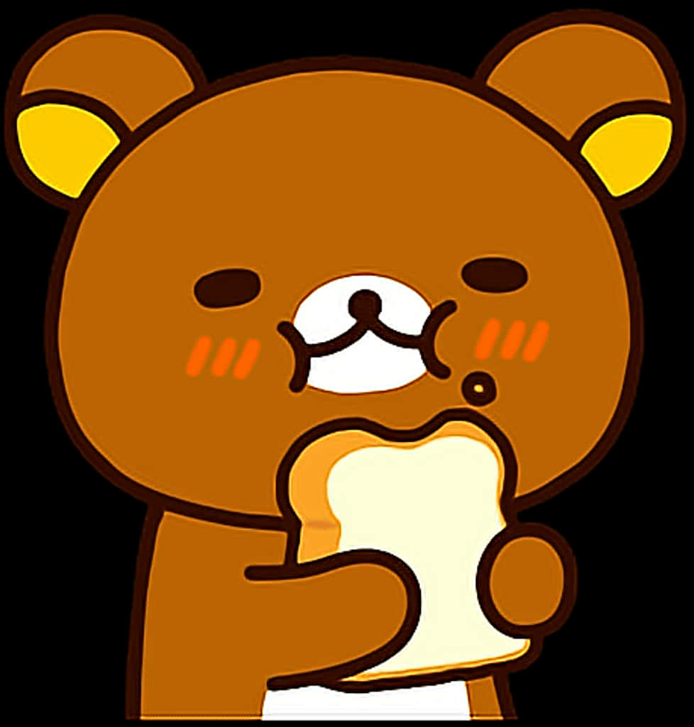 懶懶熊 桌布 壁紙 — 一隻可愛的棕色卡通熊，有黃色耳朵，在黑色背景前快樂地吃一片麵包。