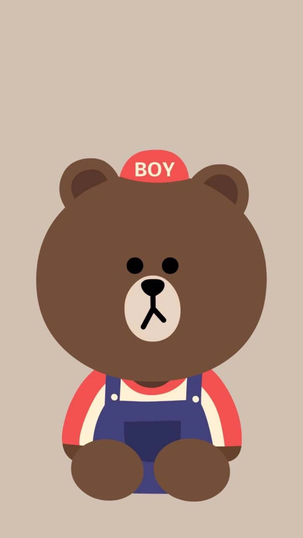 Kawaii Bear 桌布 壁紙 — 一隻可愛的棕色卡通熊穿著藍色吊帶褲和帶有BOY字樣的紅色帽子，坐在米色背景前。