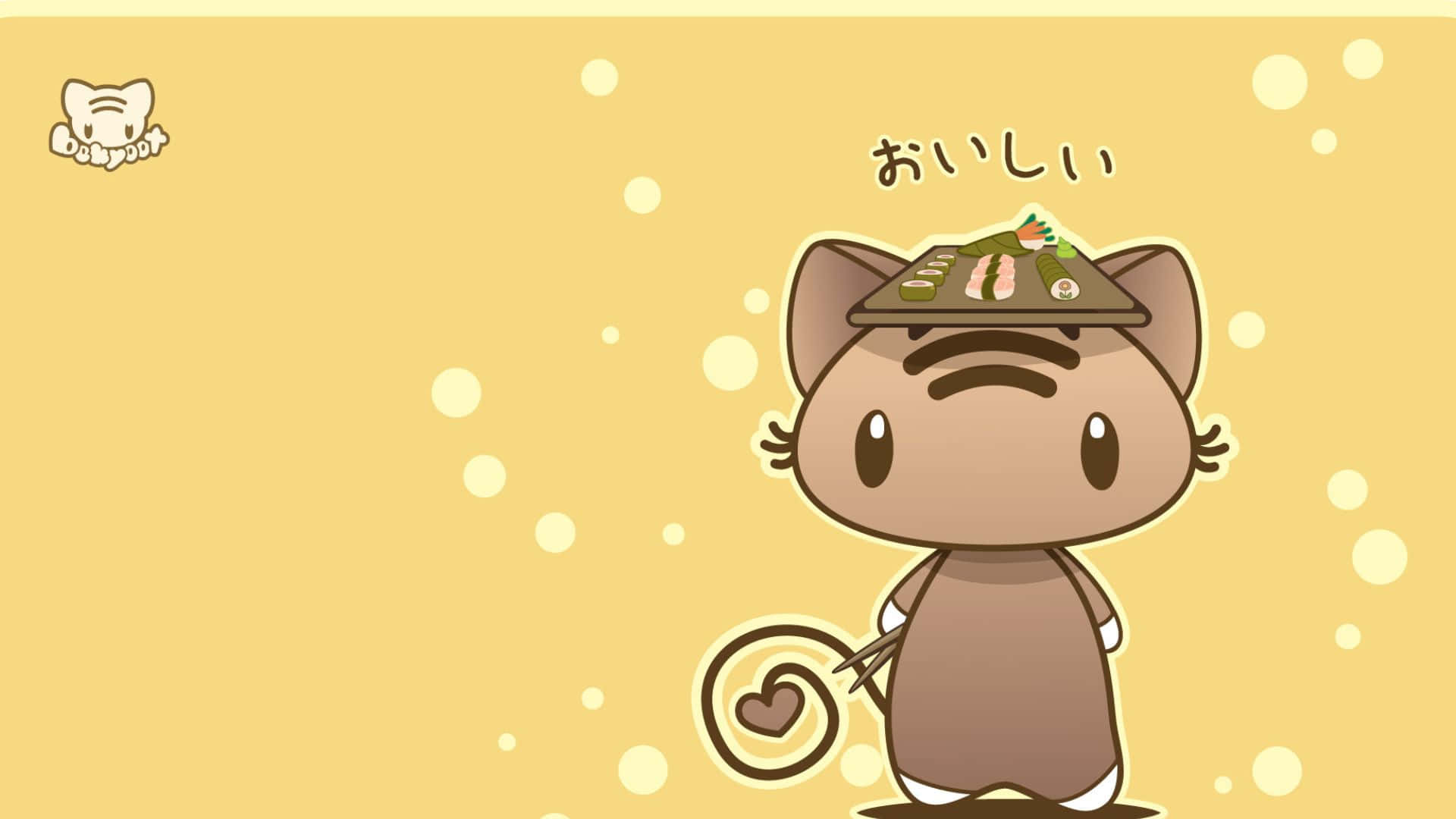 Cute Kawaii Japanese Characters 桌布 壁紙 — 一隻可愛的棕色卡通貓，戴著壽司帽，拿著帶有心形漩渦的筷子，背景是黃色泡泡。
