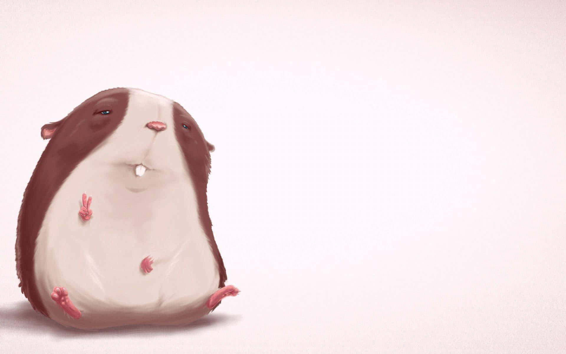 Cute Animal Memes 桌布 壁紙 — 一隻可愛的棕色和白色天竺鼠，有粉紅色的腳和一顆小牙齒，坐在柔軟的白色背景前。