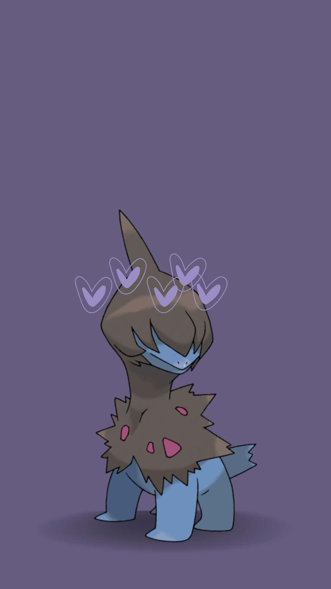 Pokemon Aesthetic 桌布 壁紙 — 一隻可愛的棕色和藍色動漫風格寶可夢，帶有粉紅色斑點和漂浮的心形，站在純紫色背景前。