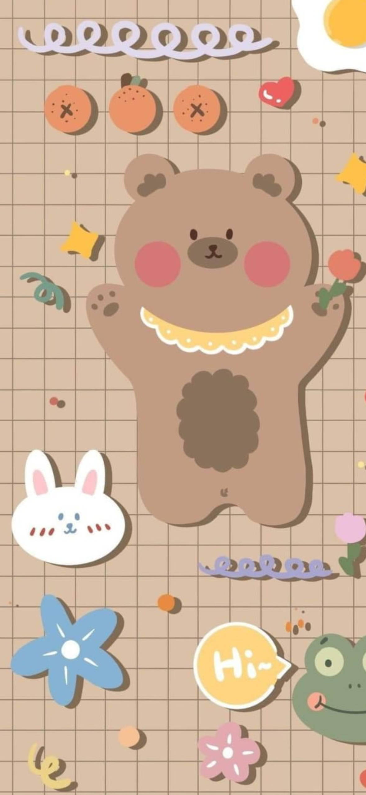 Cute Cartoon Bear 桌布 壁紙 — 一隻可愛的棕色小熊，臉頰紅潤，戴著黃色項圈，在網格背景上散落的卡通動物和花朵中愉快地揮手。