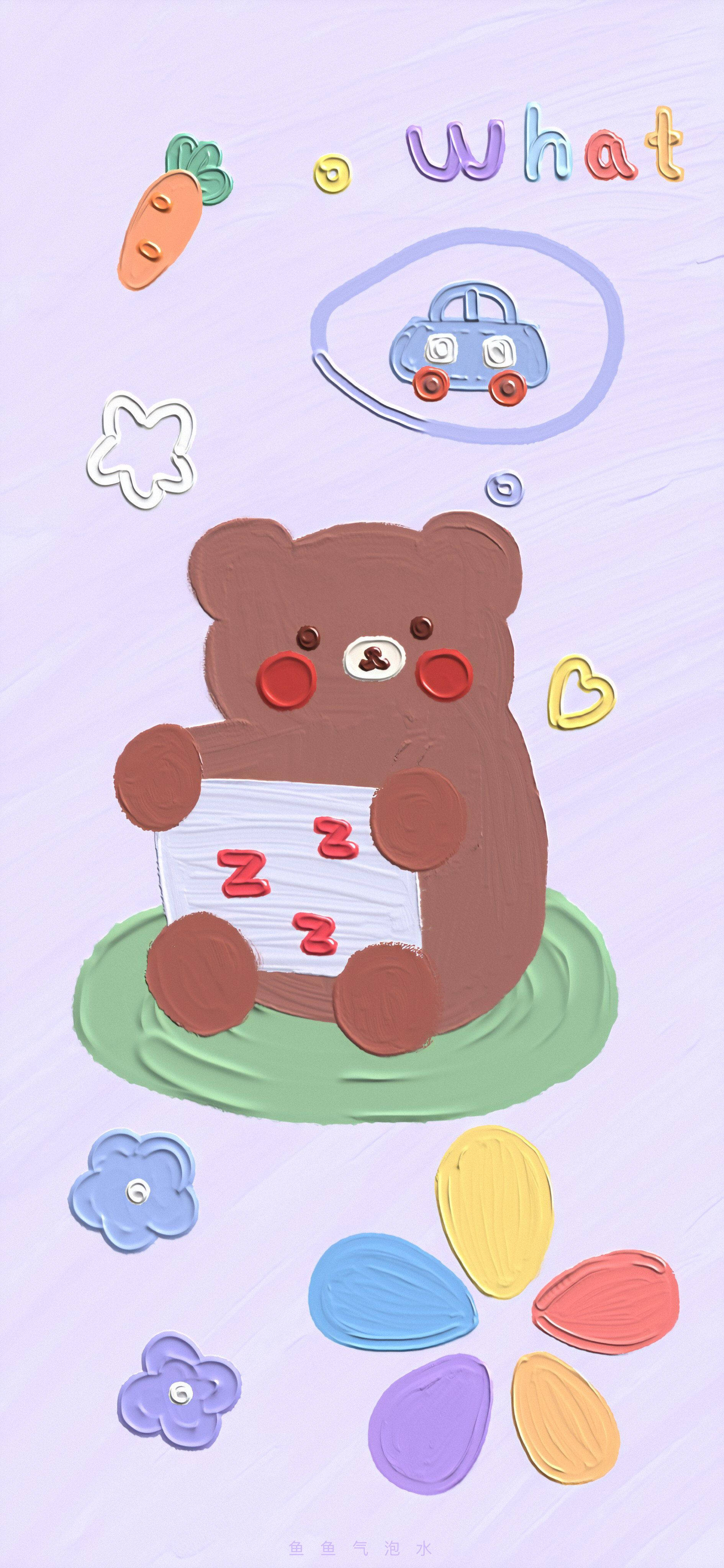 Cute Cartoon Bear 桌布 壁紙 — 一隻可愛的棕色小熊在綠色墊子上平靜地睡覺，拿著一個寫著zzz的牌子，周圍漂浮著色彩繽紛的形狀。