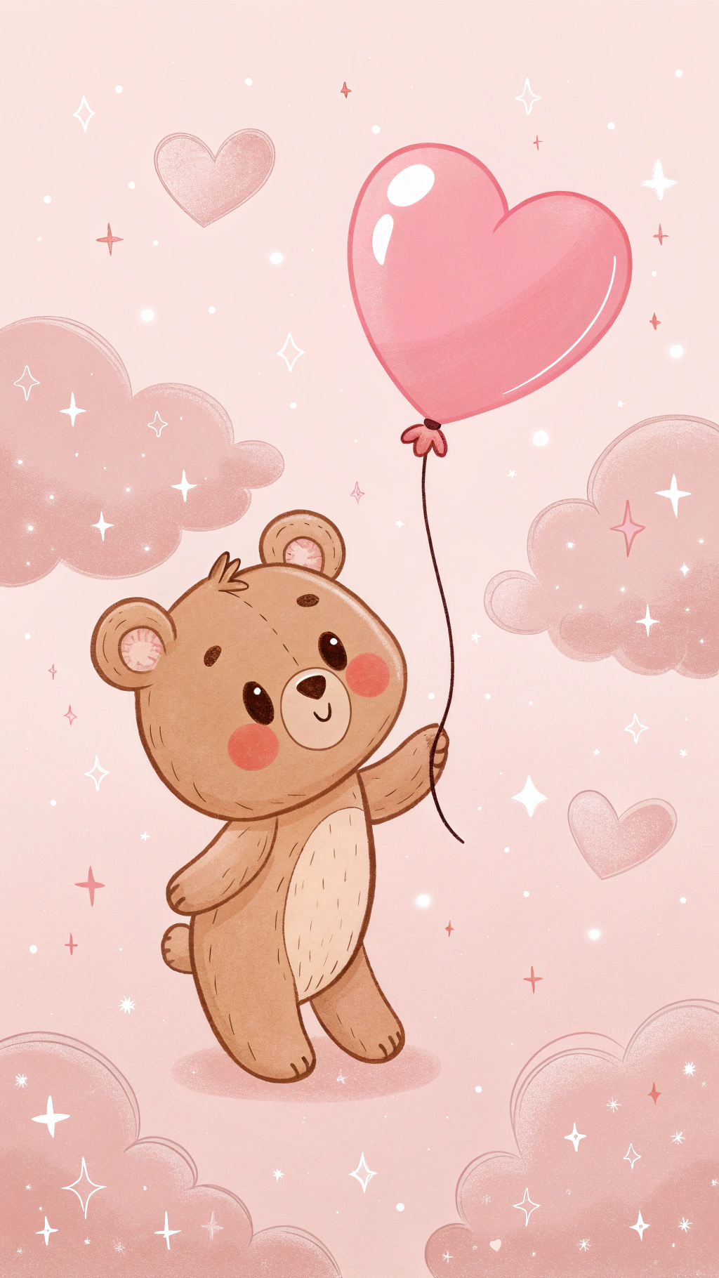 adorable 桌布 壁紙 — 一隻可愛的棕色小熊拿著一個粉紅色心形氣球，漂浮在柔軟的粉紅色天空中，周圍有蓬鬆的雲朵和閃爍的星星。