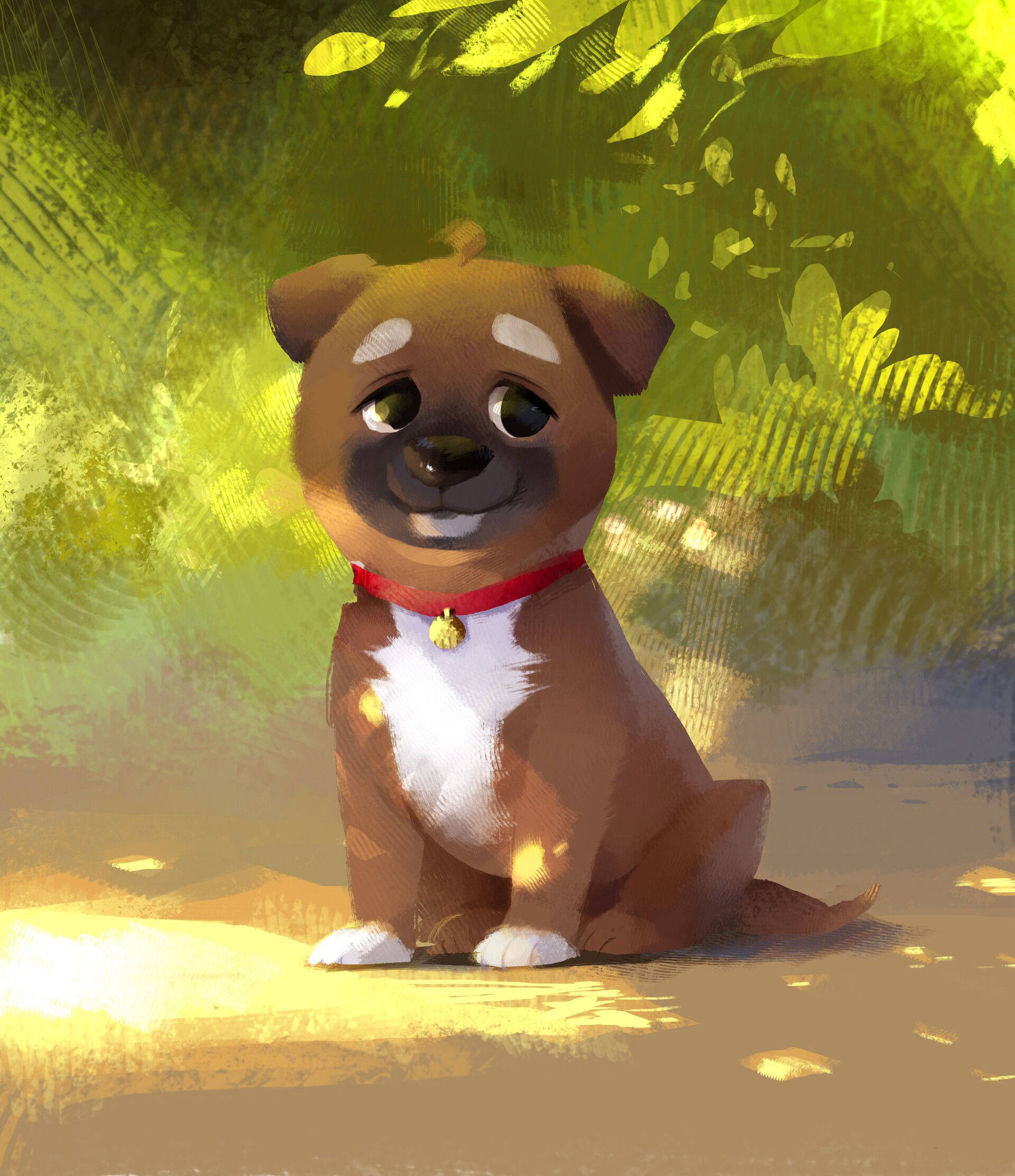 Dog Art 桌布 壁紙 — 一隻可愛的棕色小狗帶有白色斑紋，坐在綠色樹葉下的斑駁陽光中，戴著紅色項圈。