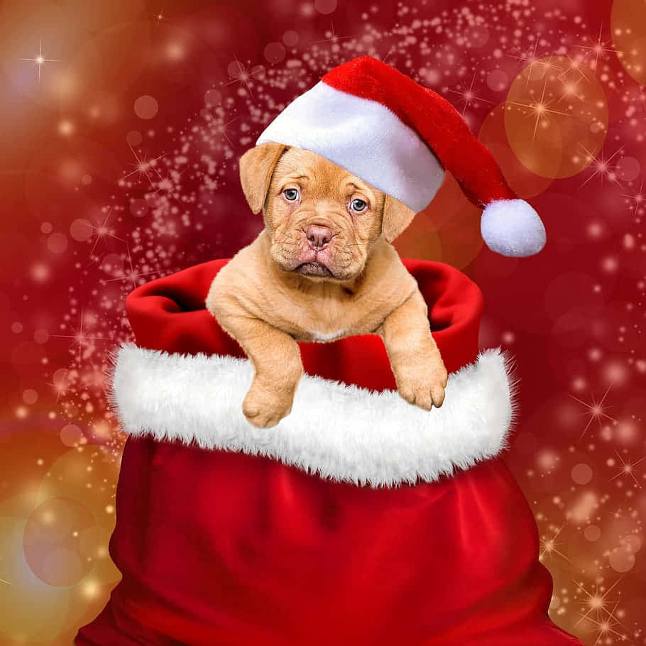 Christmas Dog 桌布 壁紙 — 一隻可愛的棕色小狗戴著聖誕帽，從紅色袋子裡探出頭來，背景是閃閃發光的節日裝飾。