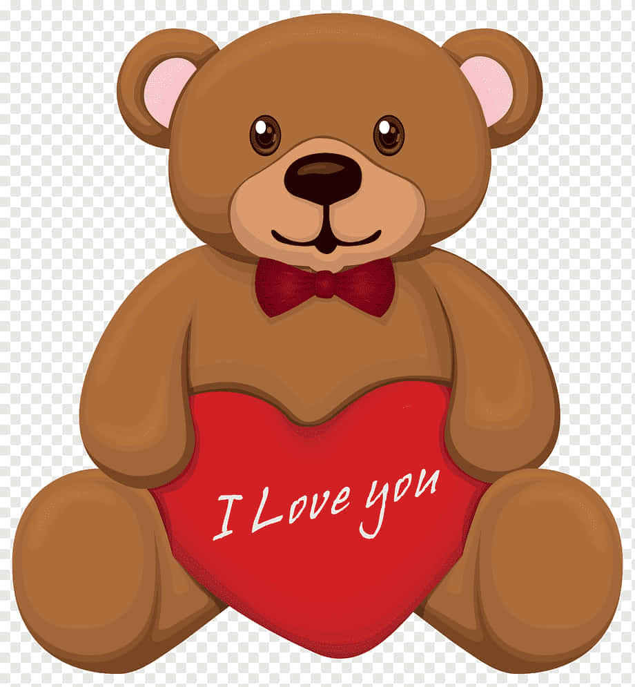 Teddy Bear 桌布 壁紙 — 一隻可愛的棕色泰迪熊戴著紅色蝴蝶結，拿著一個紅心，上面寫著我愛你。