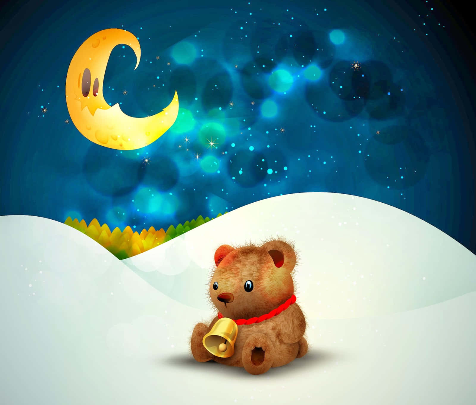 Teddy Bear 桌布 壁紙 — 一隻可愛的棕色泰迪熊繫著紅色絲帶，在積雪的山丘上，在微笑的彎月和閃爍的星星下，拿著一個金色的鈴鐺。