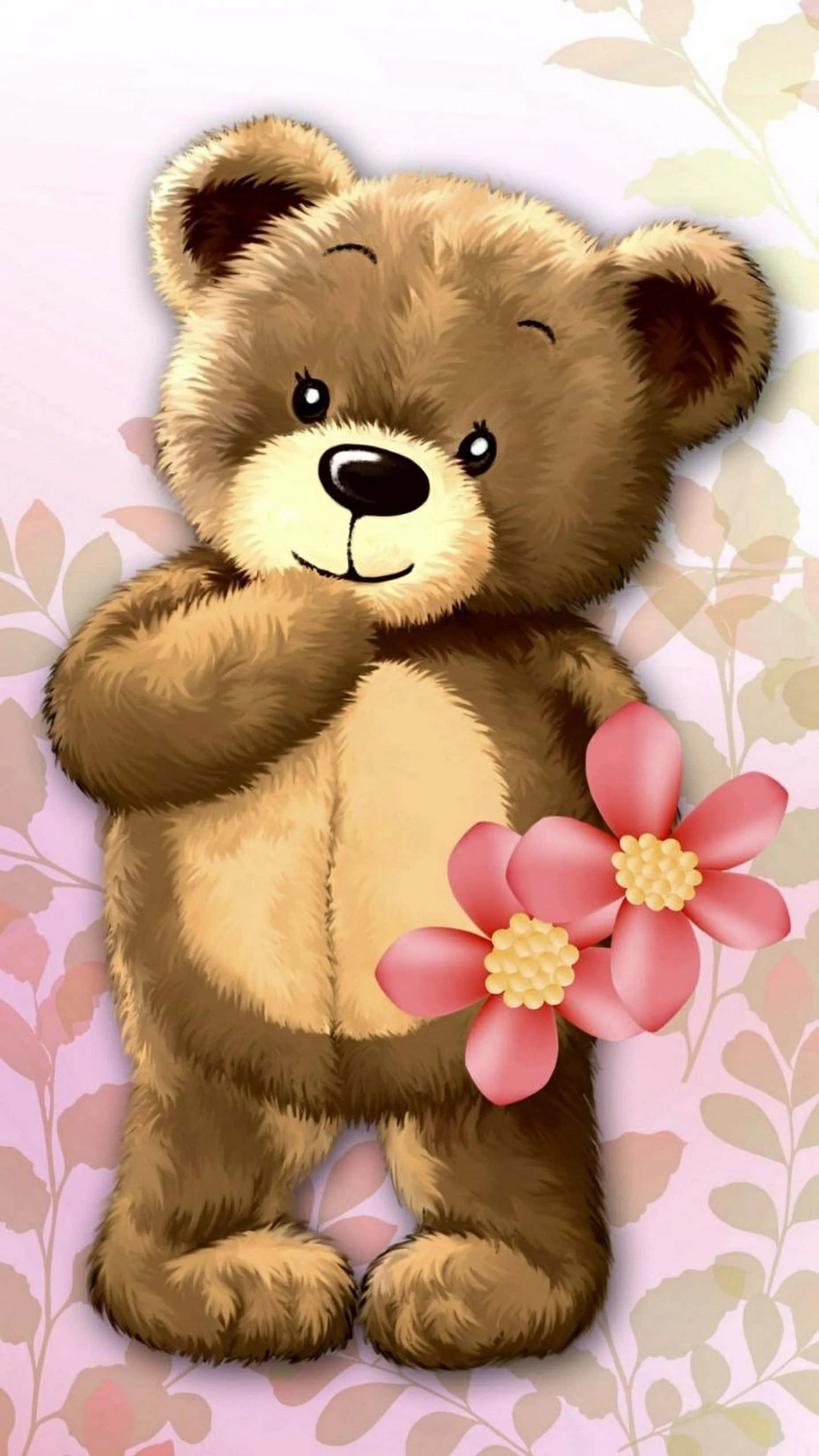 Cute Teddy 桌布 壁紙 — 一隻可愛的棕色泰迪熊閉著眼睛，在柔和的粉紅色和米色葉子背景中拿著一朵粉紅色的花。
