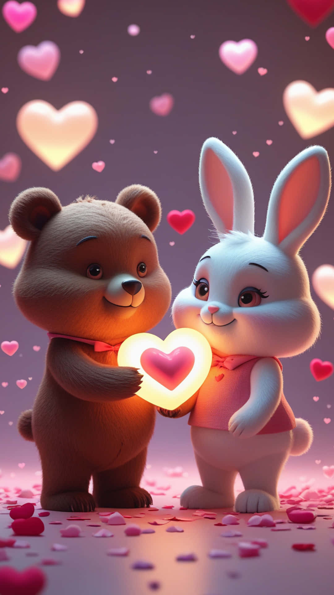 Little Hearts, Gentle Love, Endless Cuteness 壁紙 — 一隻可愛的棕色熊和白色兔子分享一個發光的心，周圍漂浮著粉紅色的心，背景是柔和的紫色。