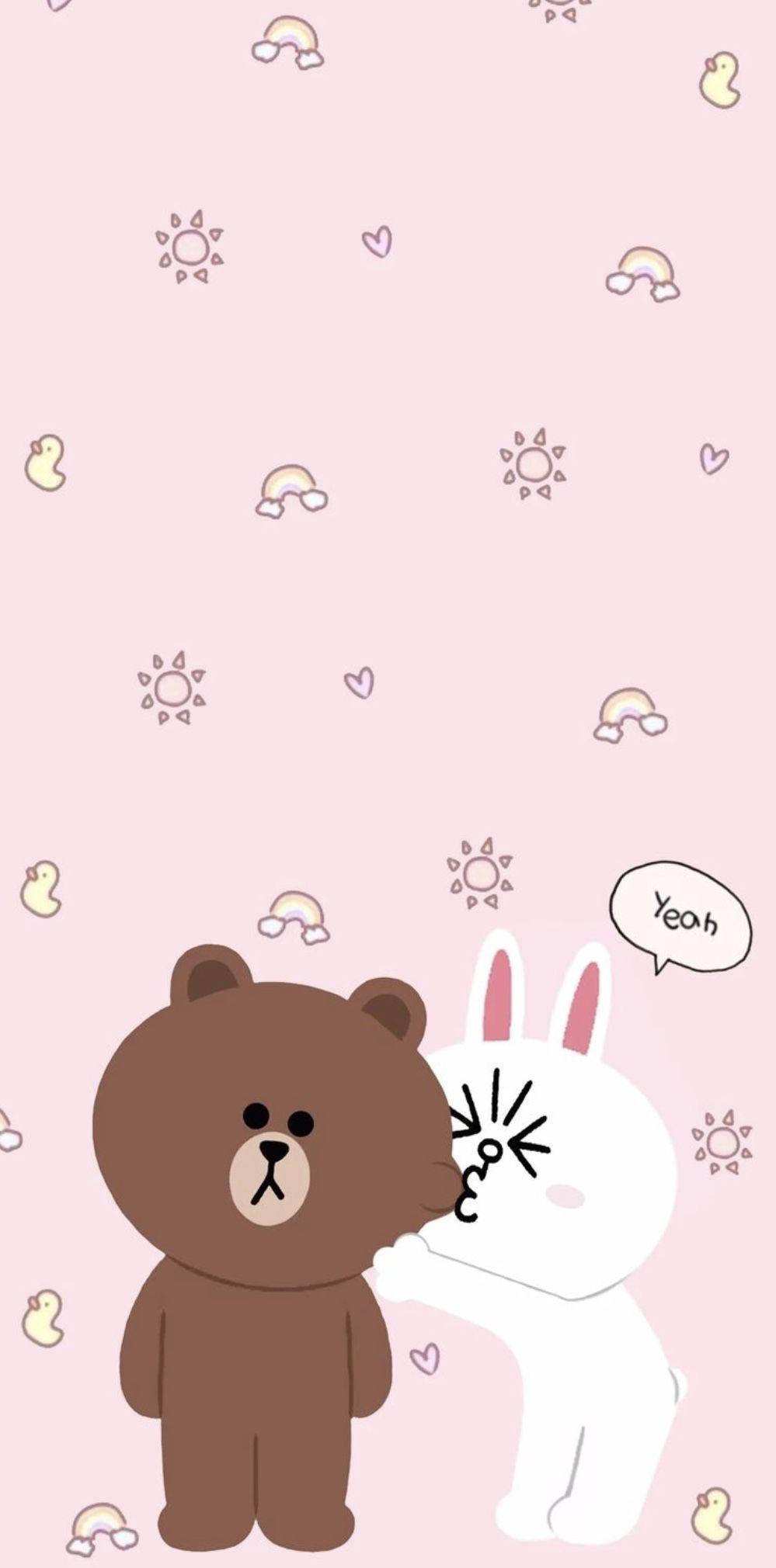 Line 桌布 壁紙 — 一隻可愛的棕色熊和白色兔子在粉紅色背景上擁抱，帶有閃光、彩虹和心形。