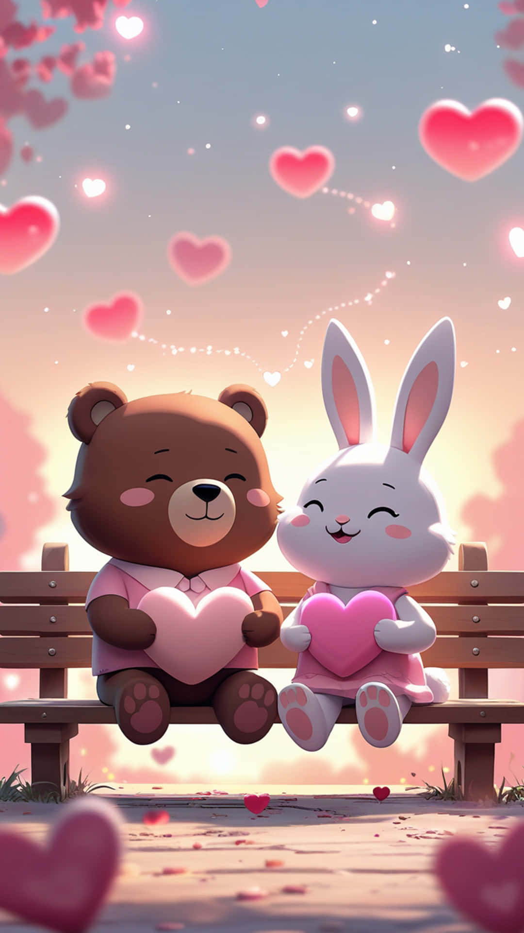 Tiny Hearts, Big Love – A Kawaii Valentine Wallpaper 壁紙 — 一隻可愛的棕色熊和白色兔子坐在木長椅上，手持粉紅色愛心，漂浮的愛心在柔和的粉紅色日落天空中飄蕩。