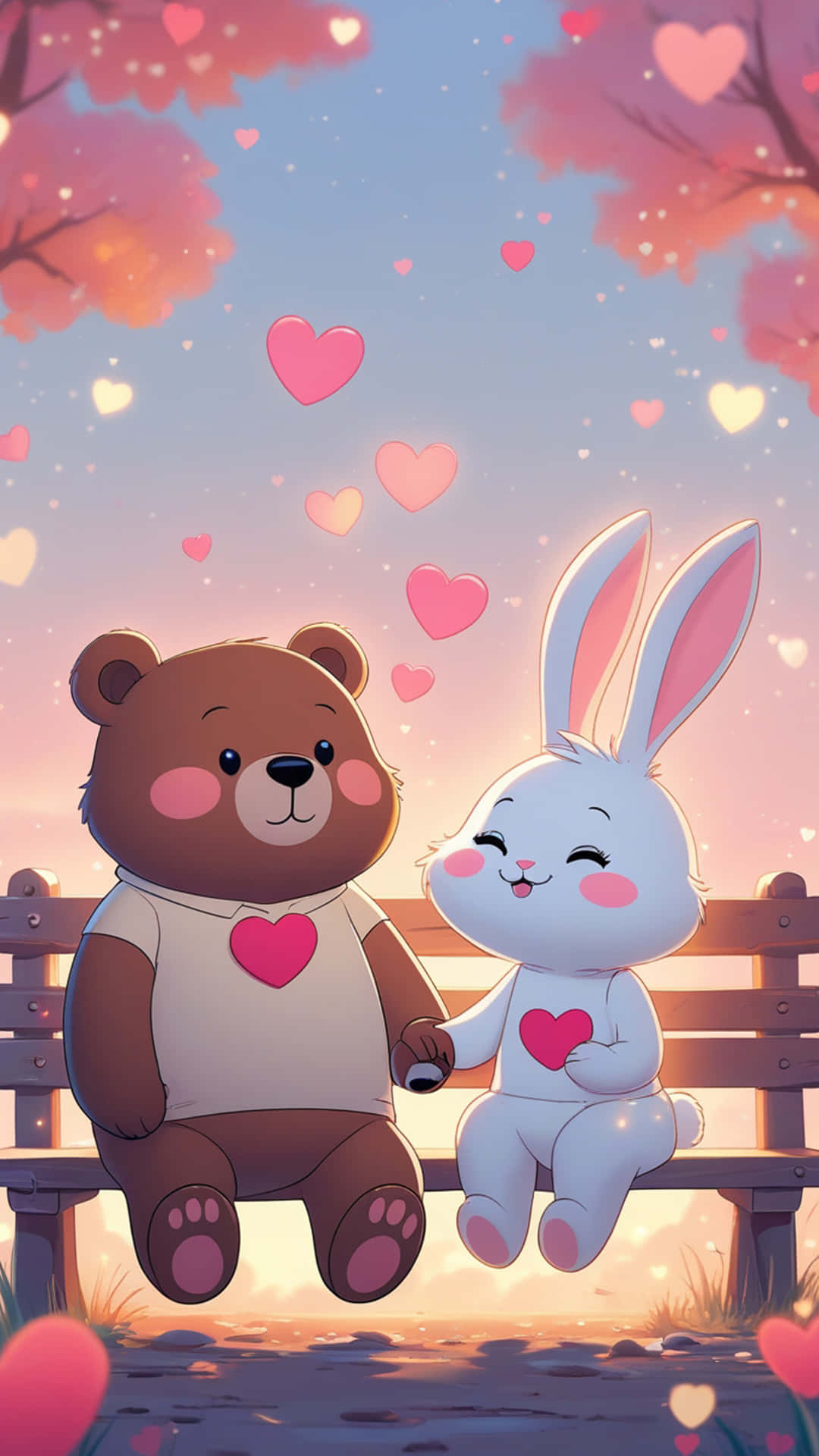 A Cozy Cartoon Love Story in Pastel Dreams 壁紙 — 一隻可愛的棕色熊和白色兔子坐在粉紅色櫻花下的木長椅上，漂浮的心形在暮色天空中飄蕩。