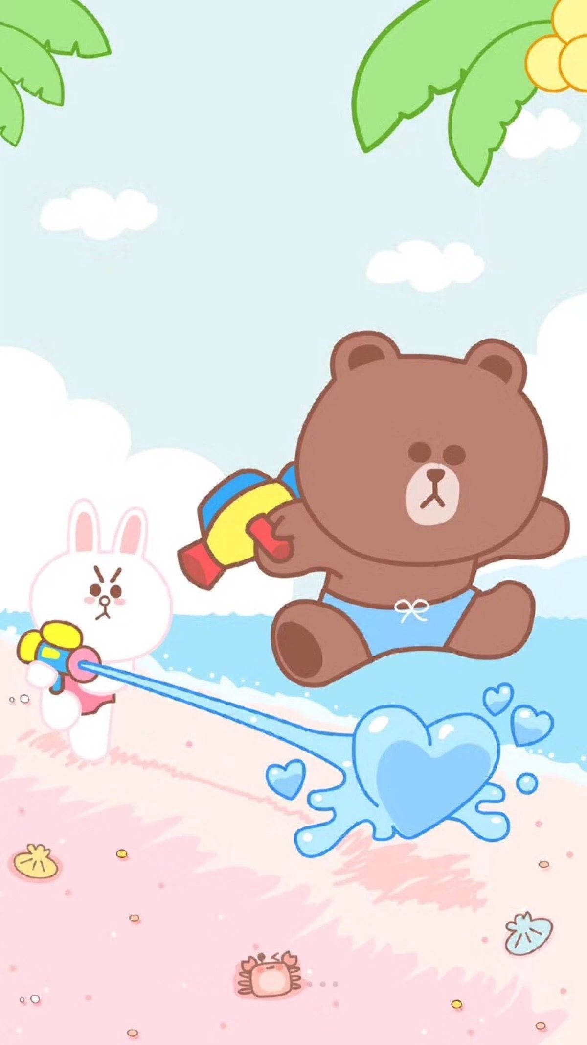 Line 桌布 壁紙 — 一隻可愛的棕色熊和白色兔子穿著泳衣，在粉紅色沙灘上用水槍玩耍，天空是淺藍色。