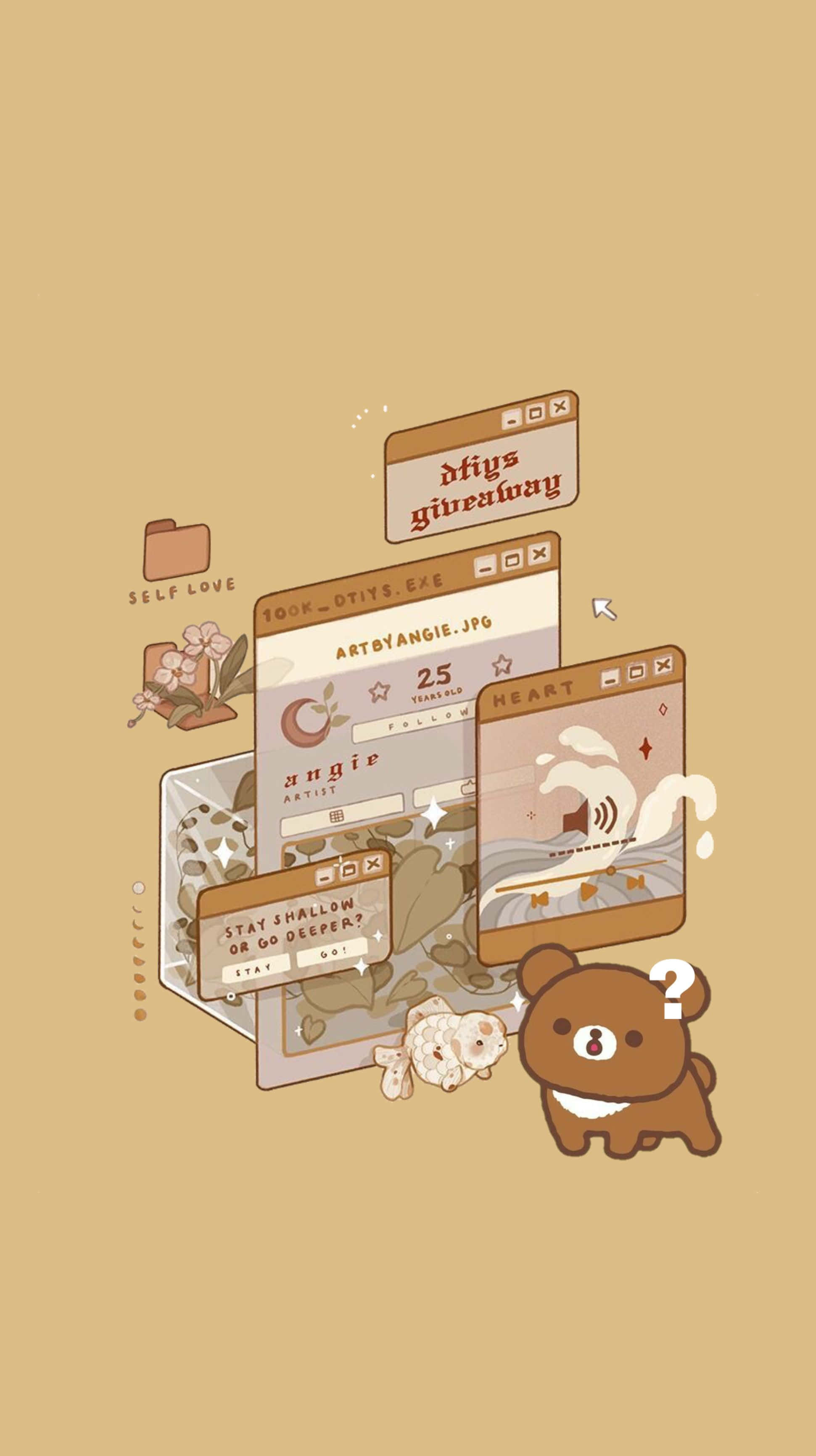 Brown Pastel Aesthetic 桌布 壁紙 — 一隻可愛的棕色熊帶著問號坐在浮動的數位視窗旁邊，視窗顯示藝術提示和自愛訊息，背景是溫暖的米色。