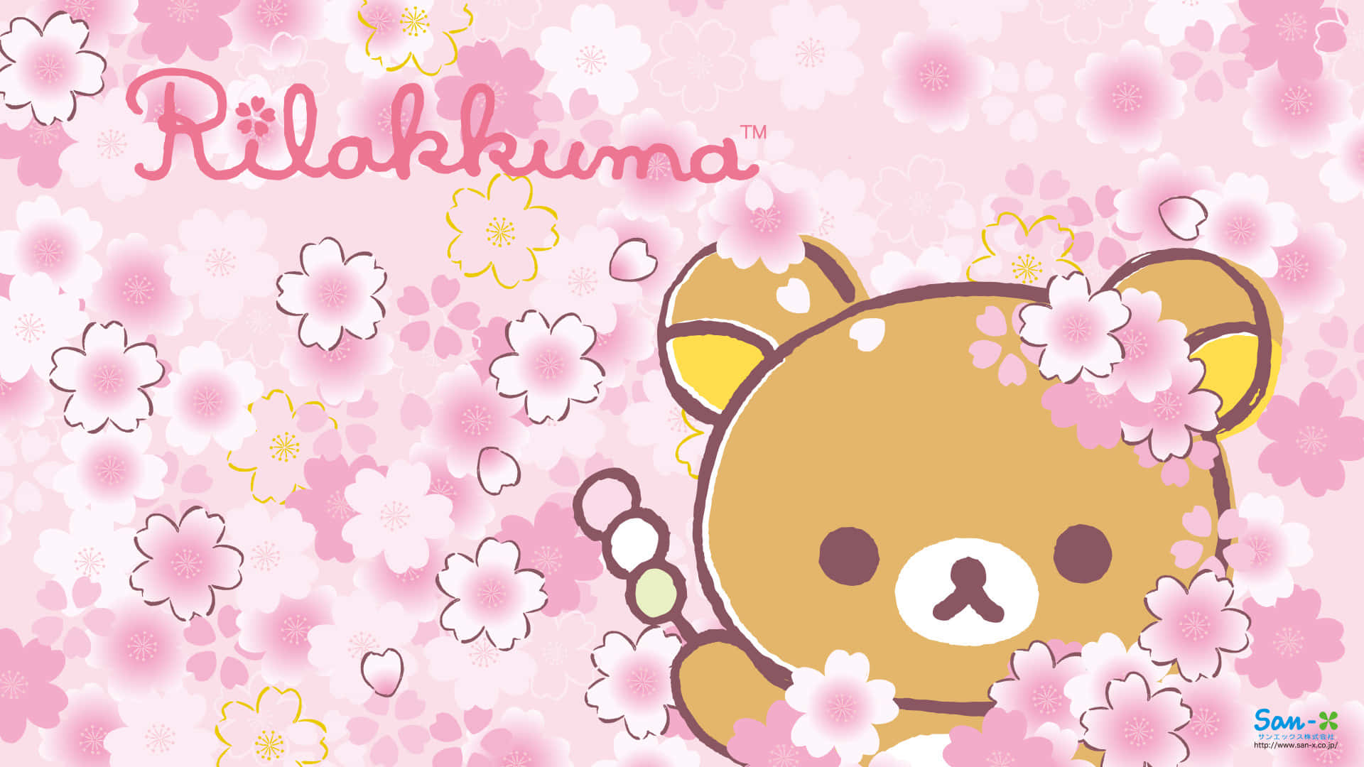 Cute Kawaii 桌布 壁紙 — 一隻可愛的棕色熊角色在柔和的粉紅色背景上，透過粉紅色的櫻花窺視，並帶有Rilakkuma的名字。