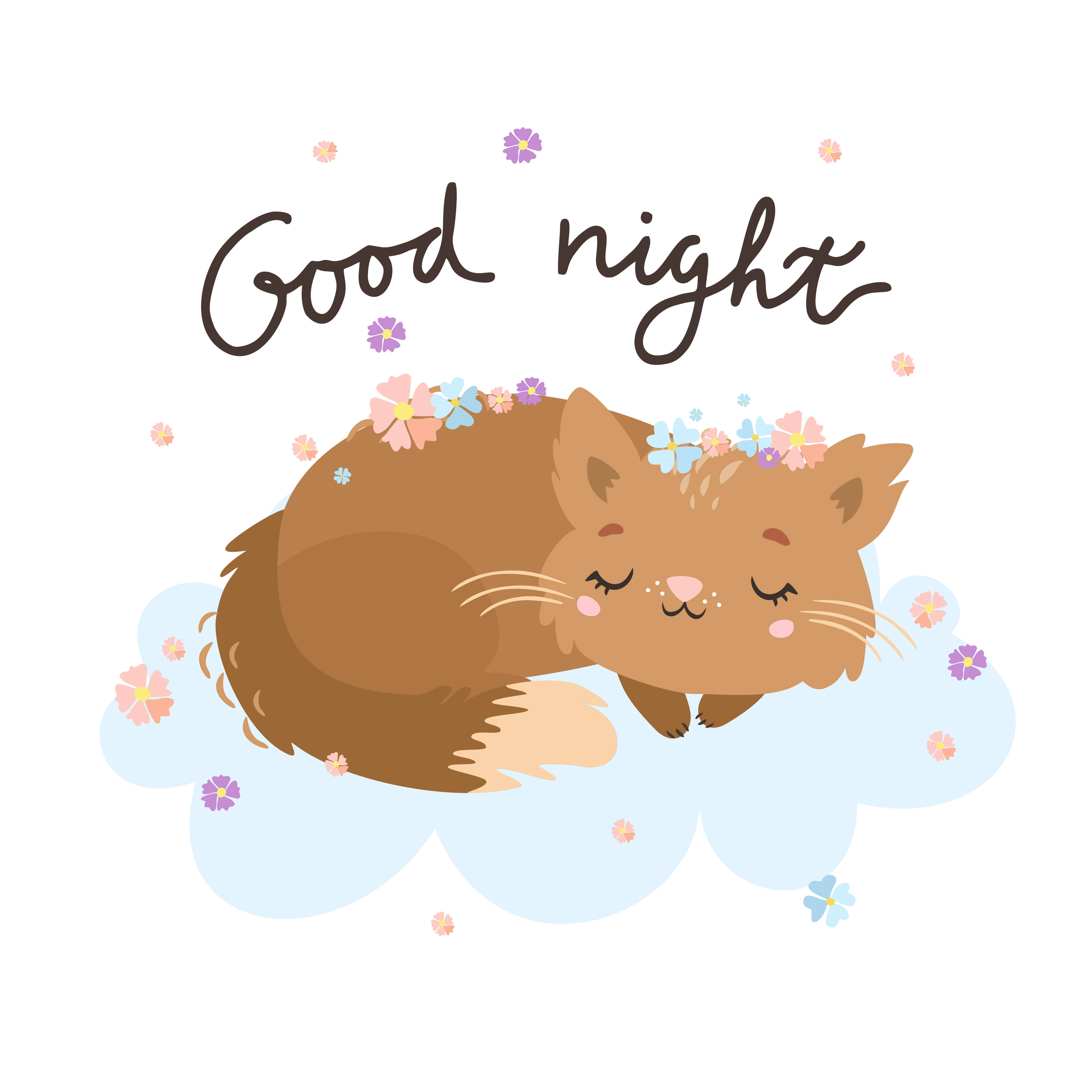Good Night 桌布 壁紙 — 一隻可愛的棕色貓咪戴著花冠在雲上安睡，上方有「晚安」文字。