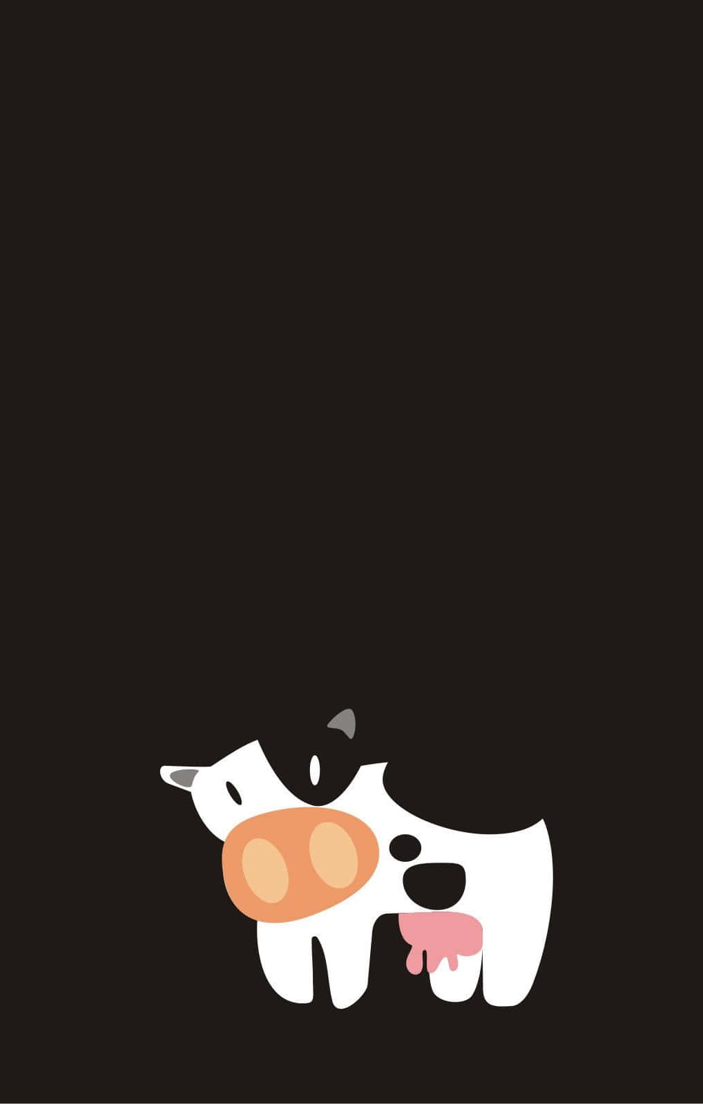 Kawaii Cute Cow 桌布 壁紙 — 一隻可愛的極簡主義卡通牛，有粉紅色乳房和橙色鼻子，獨自站在純深棕色背景前。