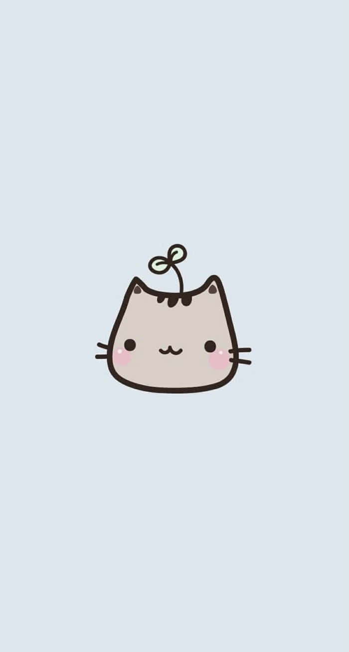 Cute Cat 桌布 壁紙 — 一隻可愛的極簡卡通貓，頭上有個小綠芽，背景是柔和的藍色。