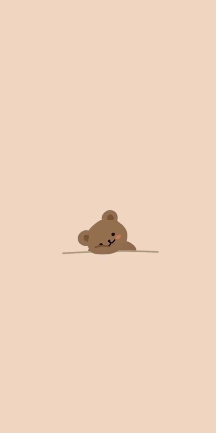 Korean Beige Aesthetic 桌布 壁紙 — 一隻可愛的極簡風格棕色小熊，從一條細線上方探出頭來，背景是柔和的蜜桃色。
