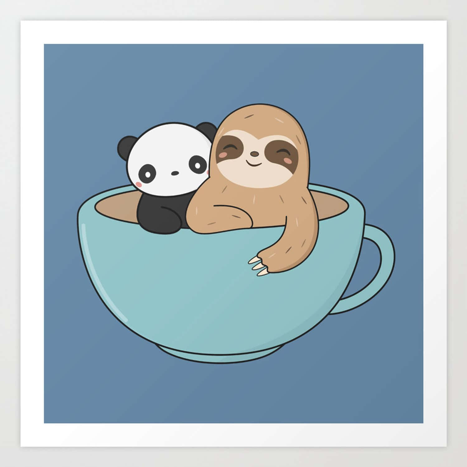 小樹懶 桌布 壁紙 — 一隻可愛的樹懶和熊貓在淺藍色茶杯裡依偎在一起，背景是純藍色。