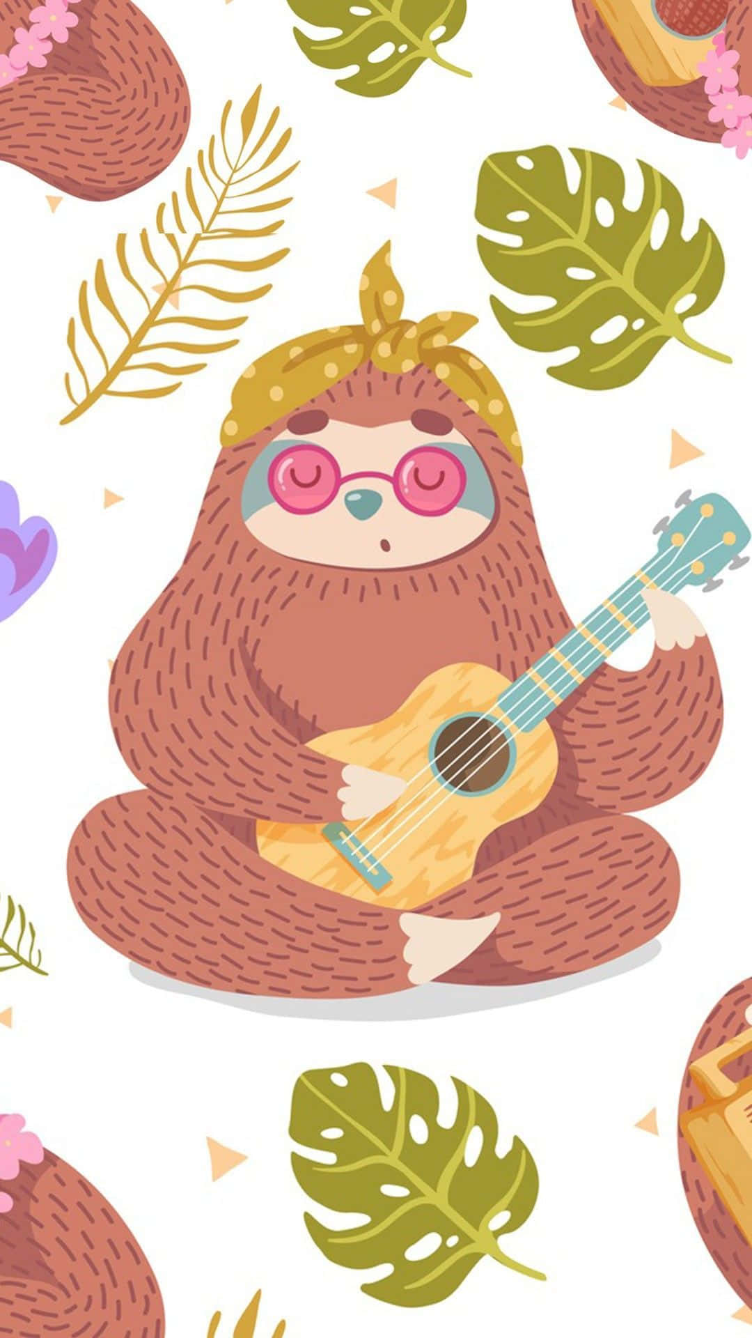 Kawaii Sloth 桌布 壁紙 — 一隻可愛的樹懶戴著粉紅色眼鏡和頭巾，在白色背景上被熱帶樹葉環繞，彈奏烏克麗麗。