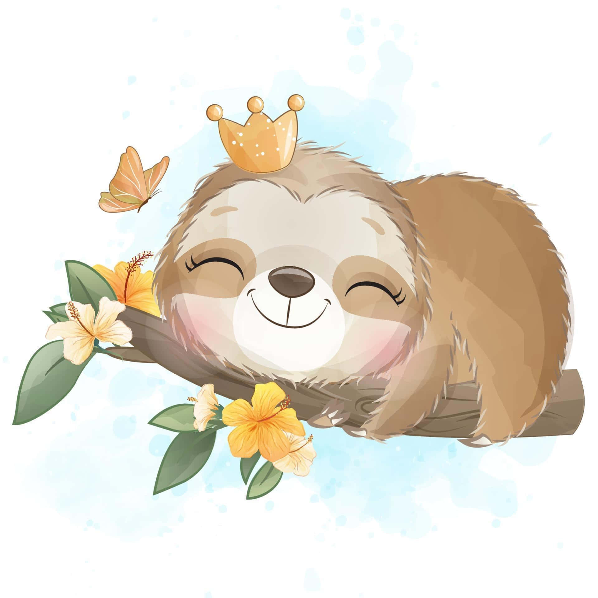 Kawaii Sloth 桌布 壁紙 — 一隻可愛的樹懶戴著金色王冠，在樹枝上被黃色花朵和蝴蝶環繞，安詳地睡著。