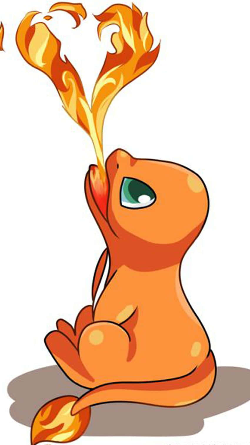 Cute Charmander 桌布 壁紙 — 一隻可愛的橙色卡通寶可夢，綠色眼睛，坐著並從口中吹出火焰，採用風格化插圖。