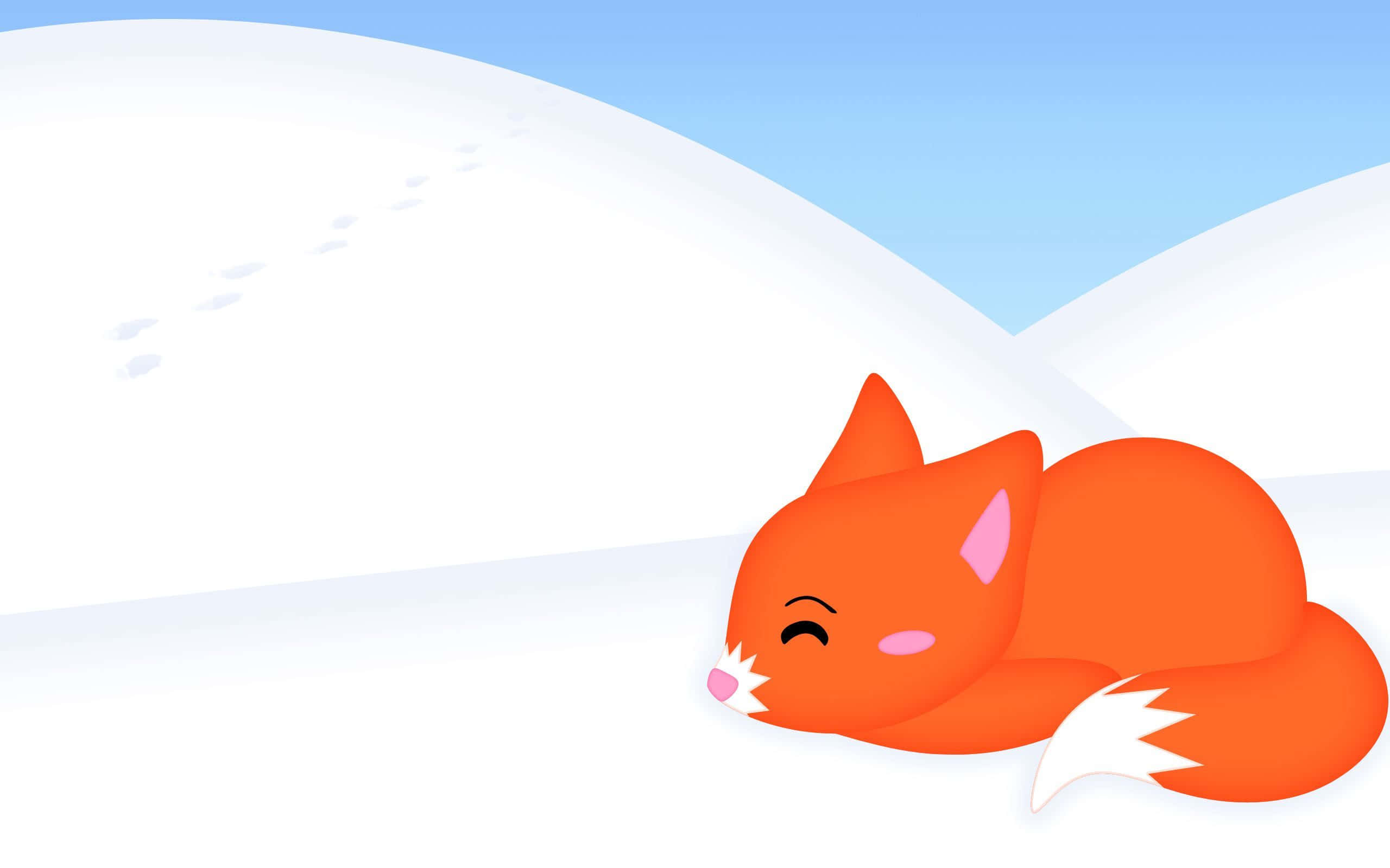 Kawaii Fox 桌布 壁紙 — 一隻可愛的橙色卡通狐狸在晴朗的藍天下，在雪丘上安詳地睡覺，腳印延伸開去。
