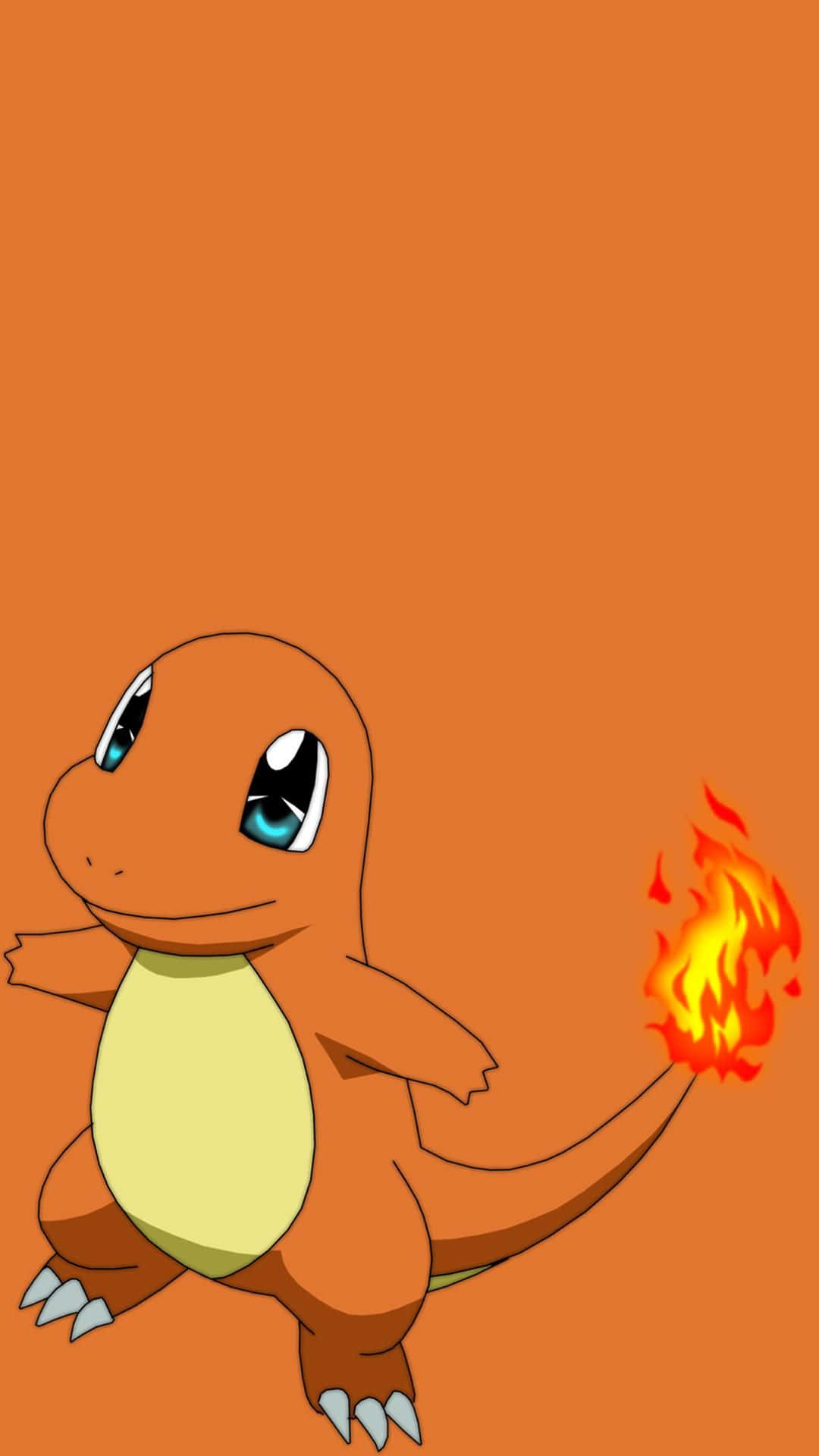 Cute Charmander 桌布 壁紙 — 一隻可愛的橙色小火龍，擁有藍色眼睛和火焰尾巴，站在純橙色背景前。