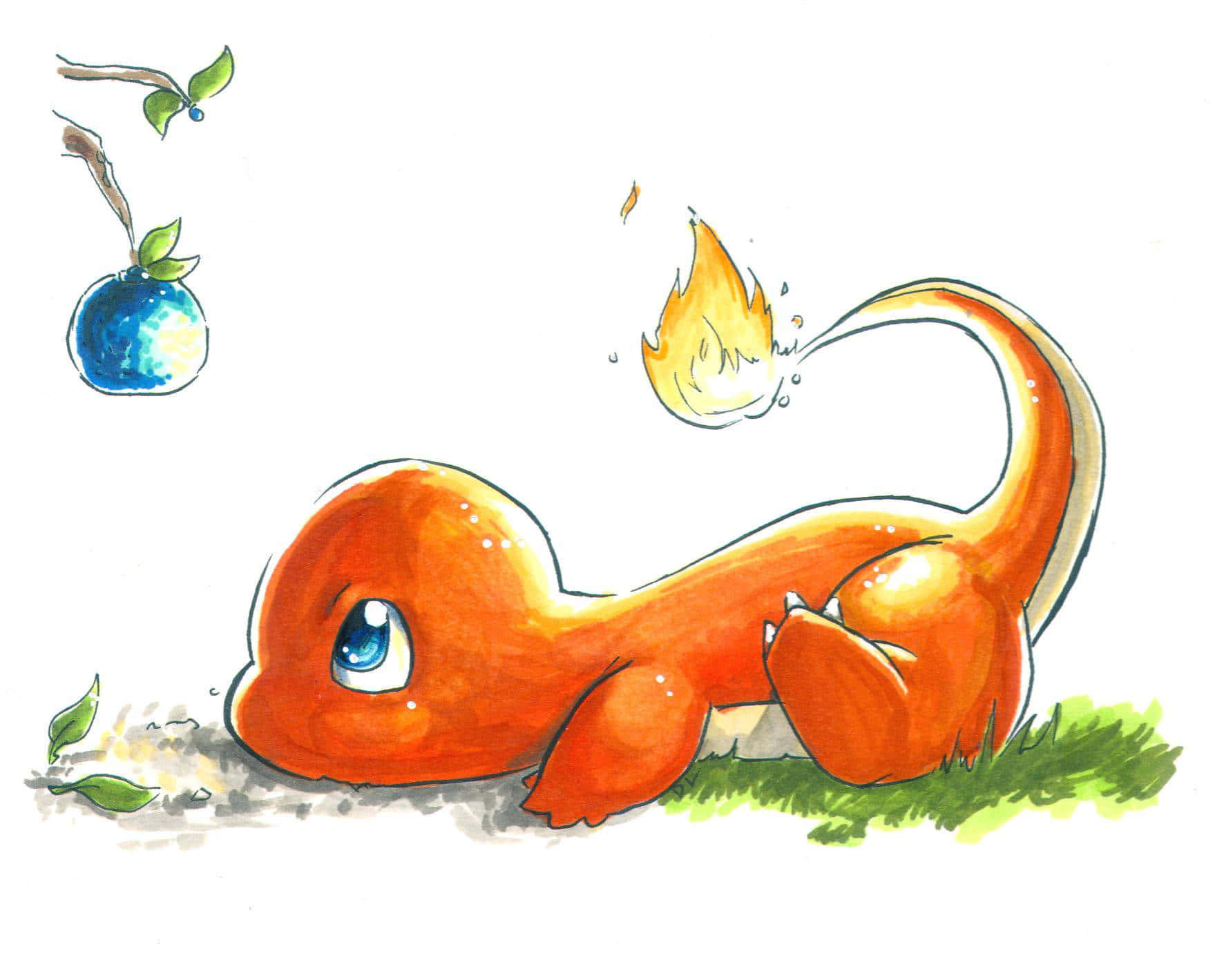 Cute Charmander 桌布 壁紙 — 一隻可愛的橙色小火龍躺在草地上，有細小的火焰尾巴和附近的藍莓。
