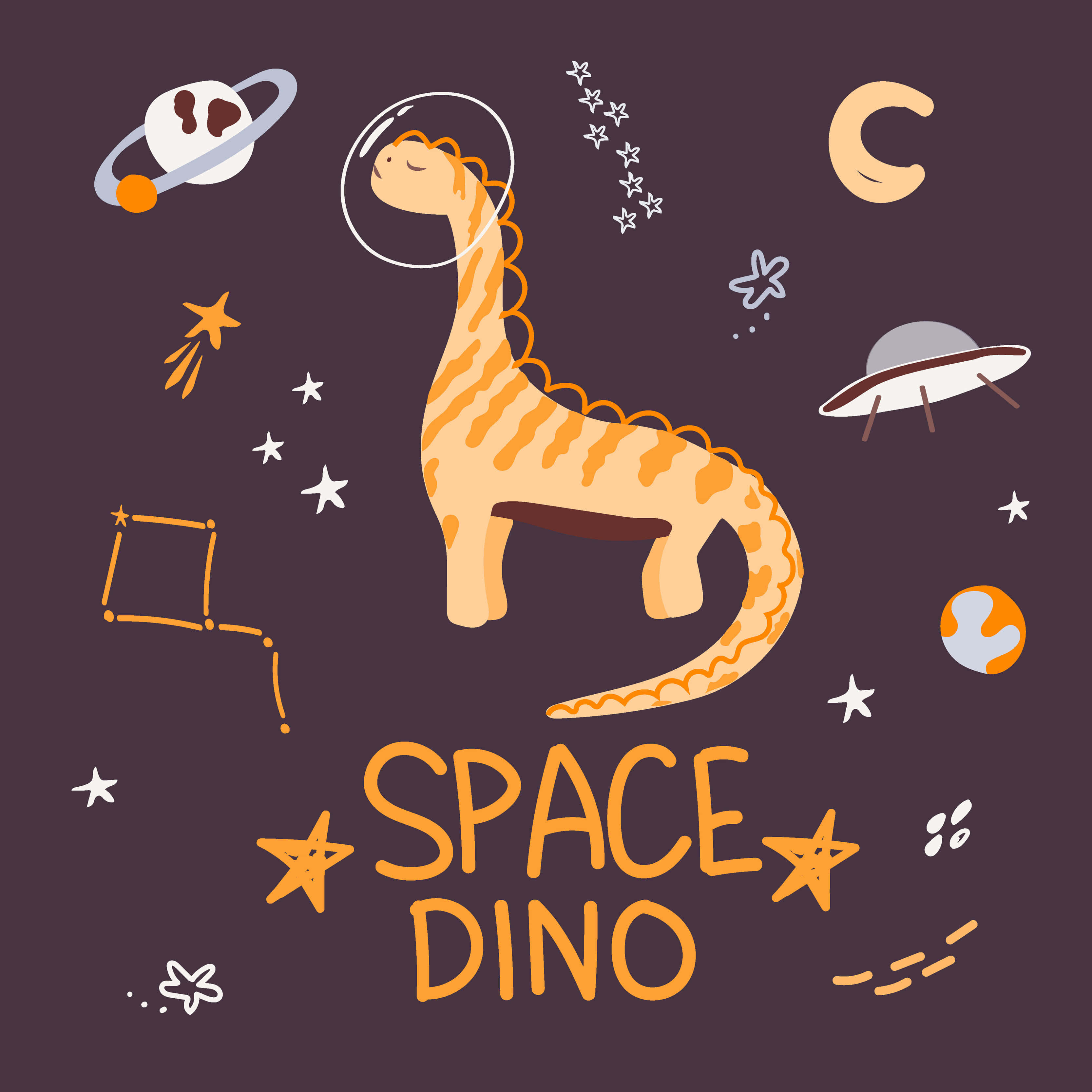 Kawaii Space 桌布 壁紙 — 一隻可愛的橙色條紋恐龍戴著太空頭盔，在深紫色背景的星星、行星和UFO之間漂浮。