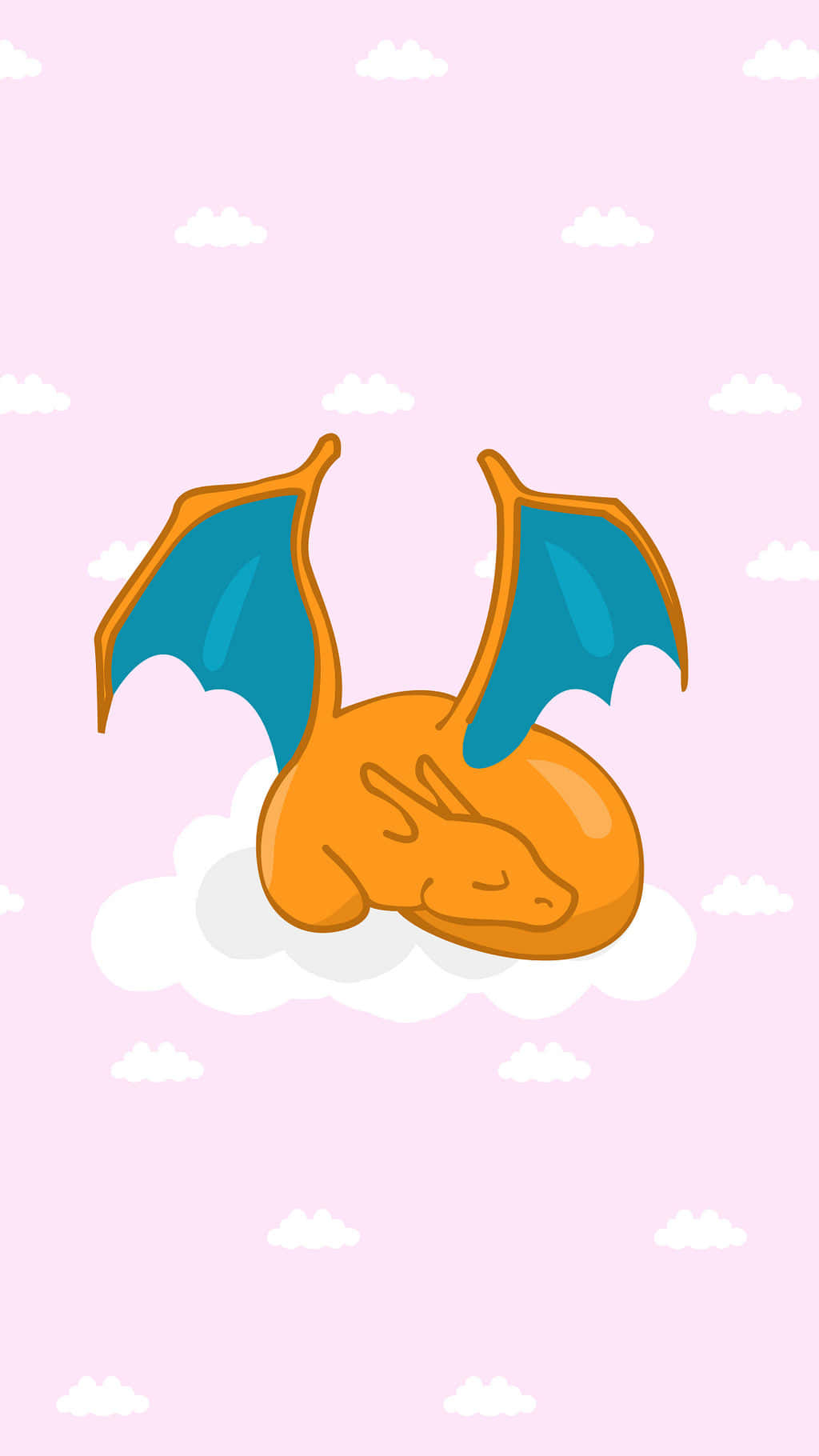 Pokemon Charizard 桌布 壁紙 — 一隻可愛的橙色龍，長著藍色翅膀，在柔軟的粉紅色天空下，點綴著雲朵，安詳地睡在 fluffy 的白色雲朵上。