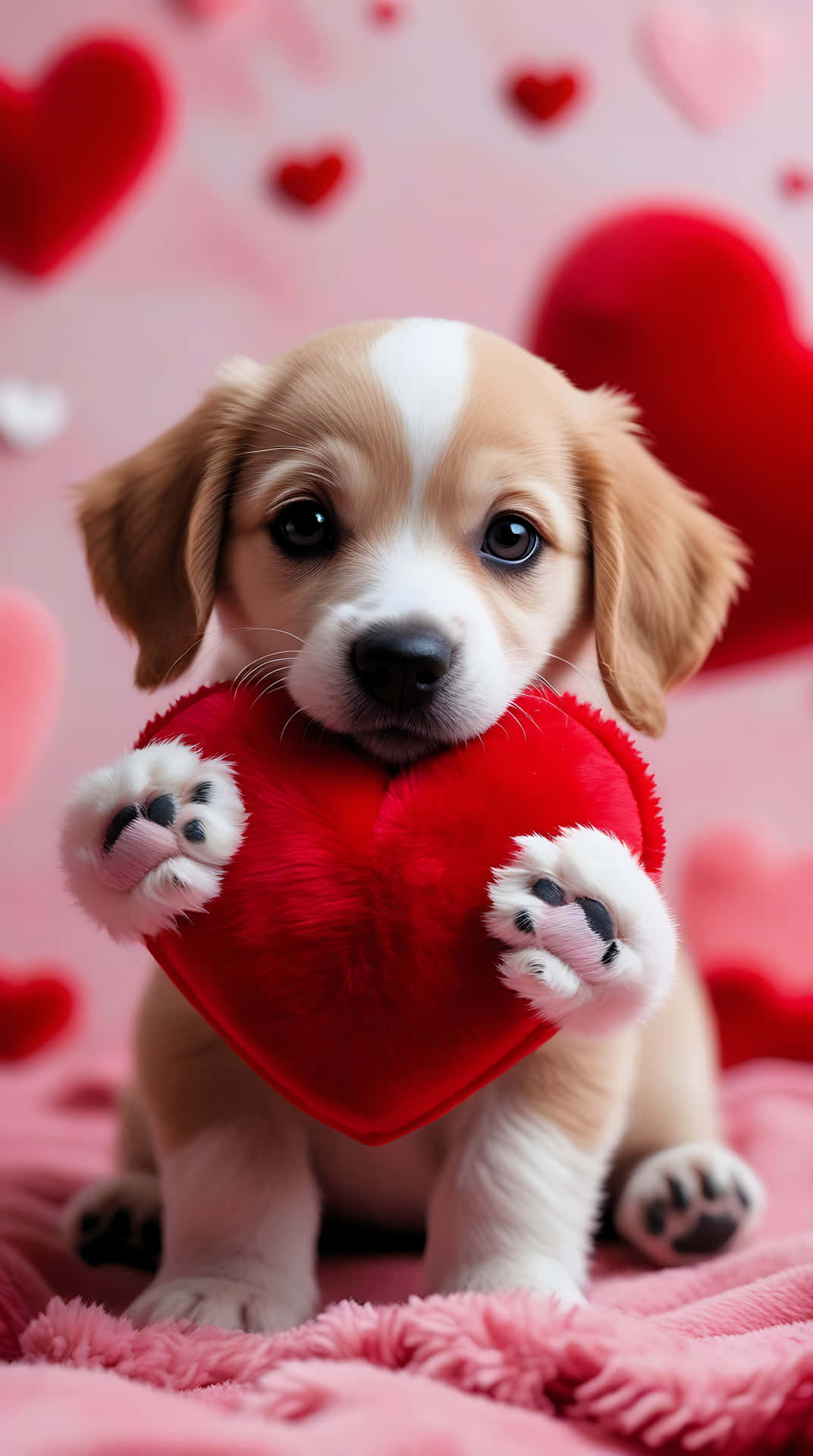 Lovely Puppy with Red Heart – Cute Love Wallpaper for Smartphone 壁紙 — 一隻可愛的比格犬幼犬，有棕色和白色的毛髮，抱著一個紅色毛絨心形，背景是柔和的粉紅色，有漂浮的心形。
