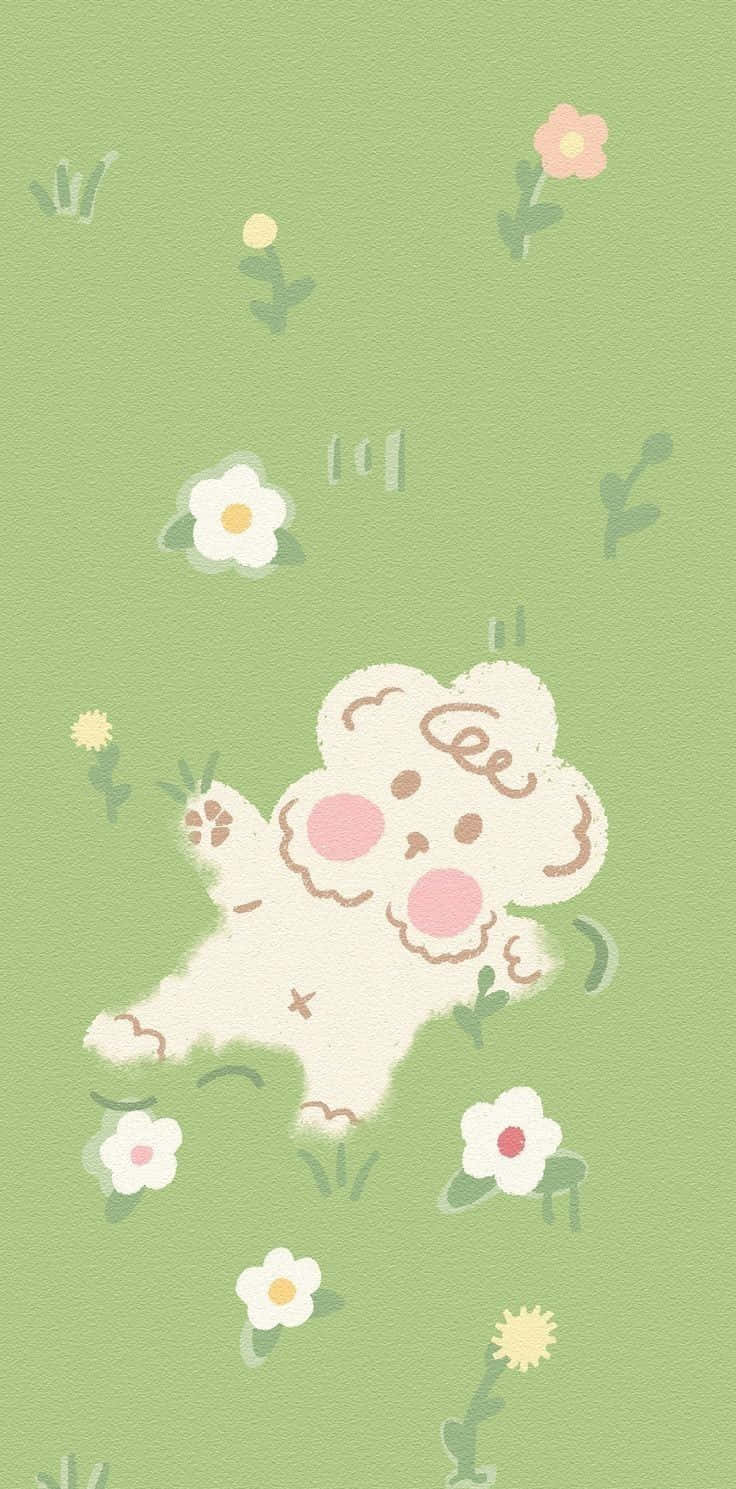 Teddy Bear 桌布 壁紙 — 一隻可愛的毛茸茸小狗，臉頰粉紅，在柔和的綠色背景上散落的花朵間歡快地跳躍。