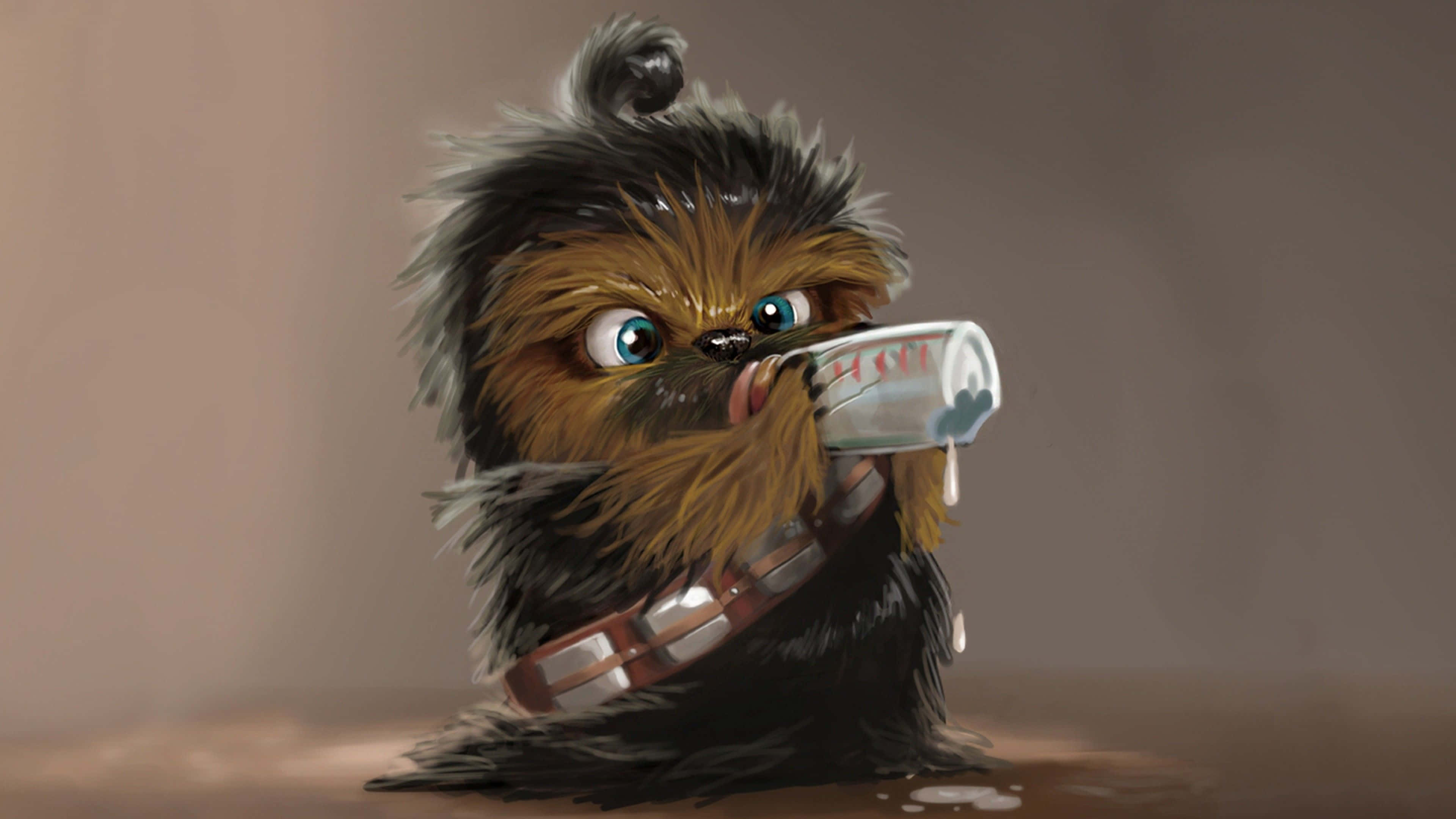 Wookiee 桌布 壁紙 — 一隻可愛的毛茸茸烏奇寶寶，有著大大的藍眼睛，戴著安全帶在喝奶瓶。