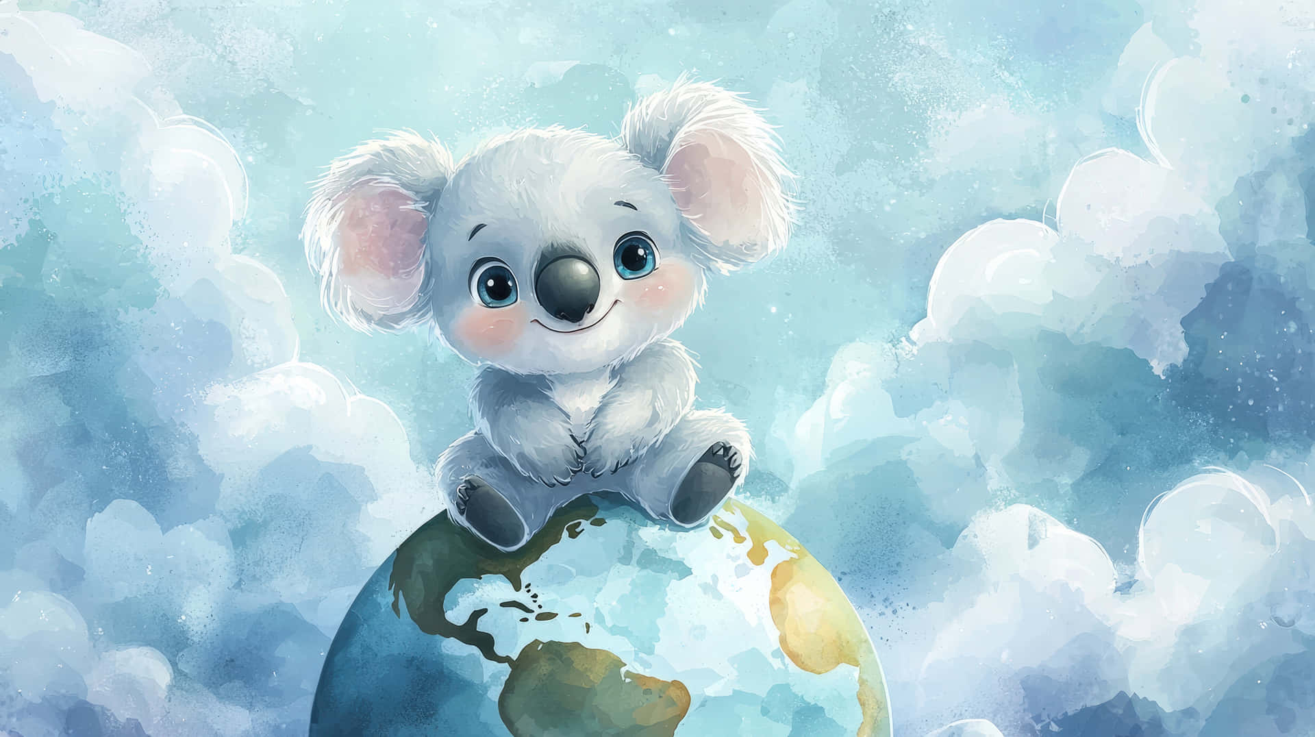 Cute Cartoon Koala Sitting on Planet Earth in a Dreamy Sky with Fluffy Clouds 壁紙 — 一隻可愛的毛茸茸無尾熊，有著大大的藍色眼睛，坐在一個被柔和藍白雲朵環繞的地球儀上，採用的是水彩風格。
