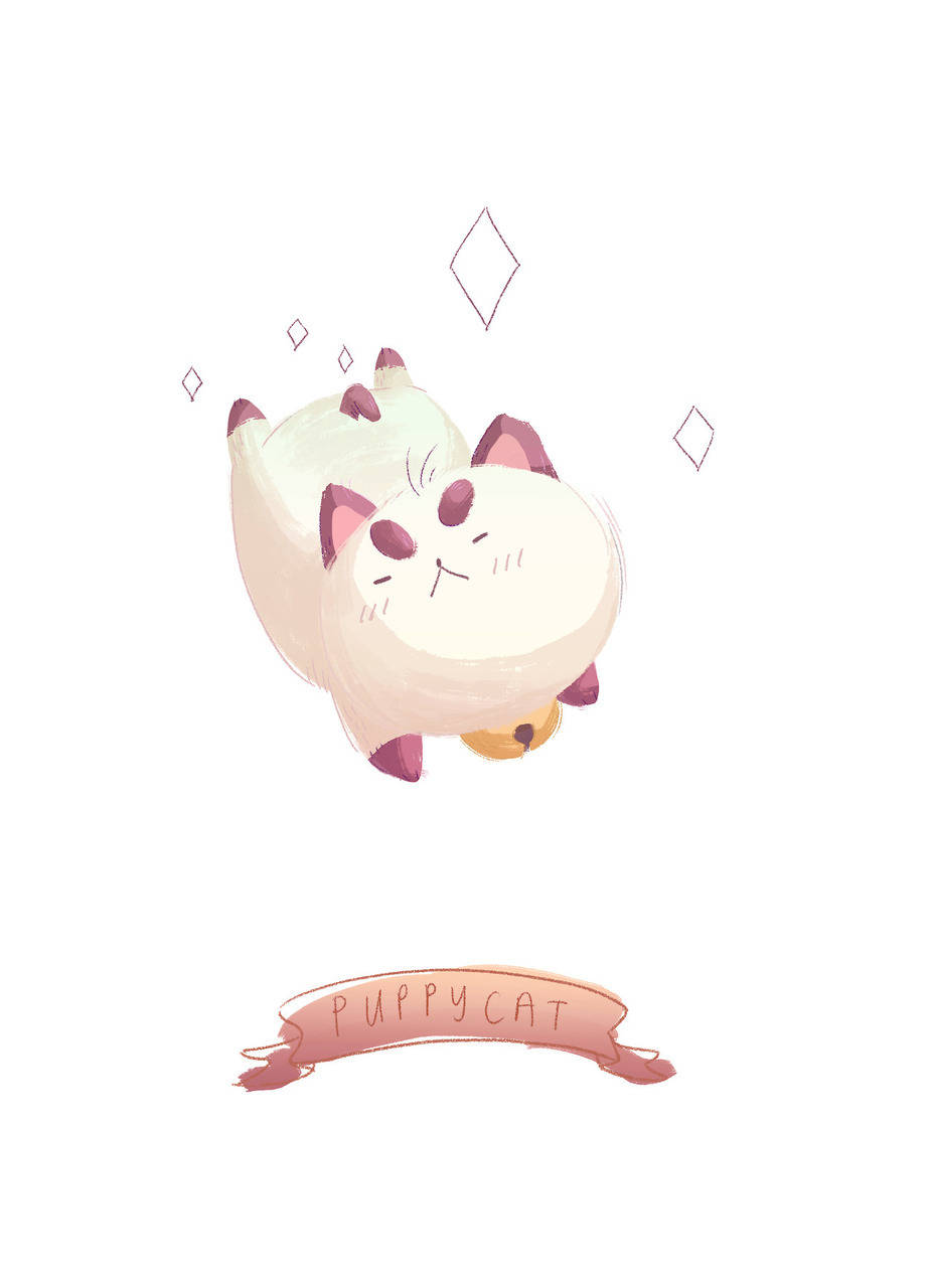 bee and puppycat 桌布 壁紙 — 一隻可愛的毛茸茸白貓，有粉紅色的耳朵和爪子，在純白色背景上被漂浮的鑽石輕輕包圍著漂浮。