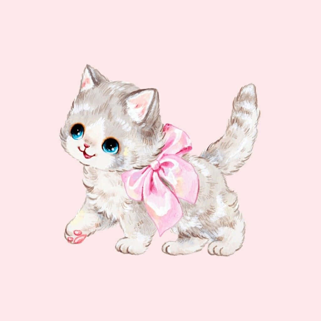 Cute Cat 桌布 壁紙 — 一隻可愛的水彩小貓，藍色眼睛，戴著粉紅色蝴蝶結，在柔和的粉紅色背景上行走。
