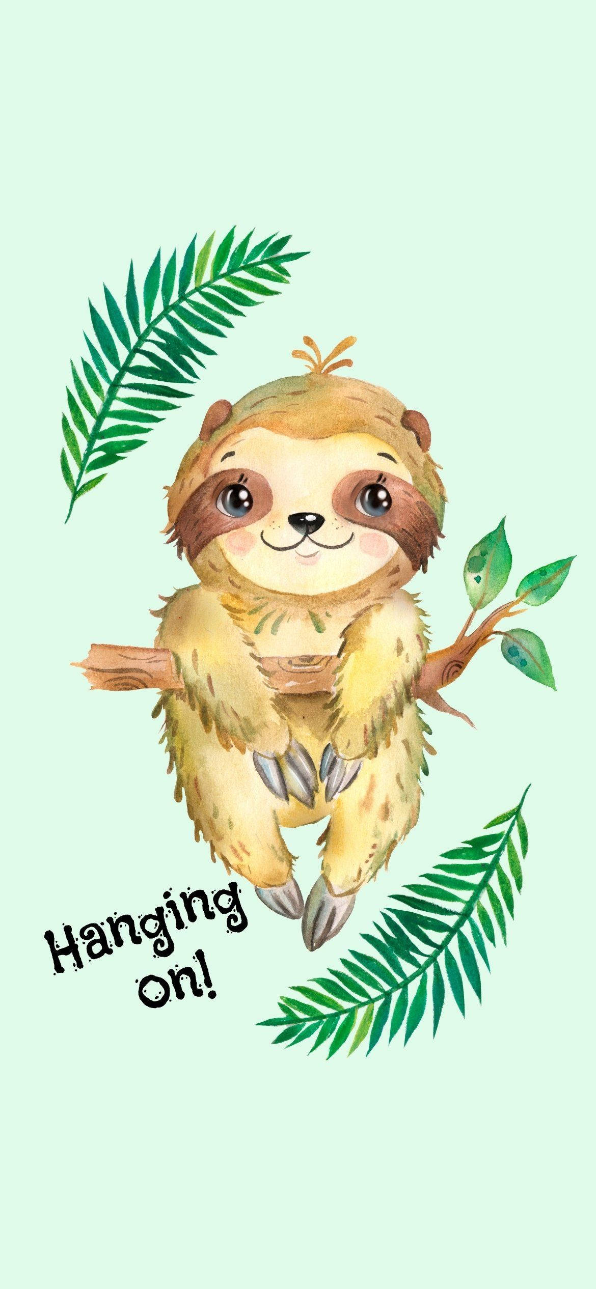 小樹懶 桌布 壁紙 — 一隻可愛的水彩樹懶掛在樹枝上，周圍有綠色葉子，背景是柔和的薄荷色。