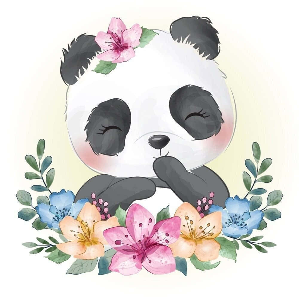 Girly Panda 桌布 壁紙 — 一隻可愛的水彩熊貓，閉著眼睛，頭上戴著一朵粉紅色的花，周圍環繞著色彩繽紛的花朵和綠葉。