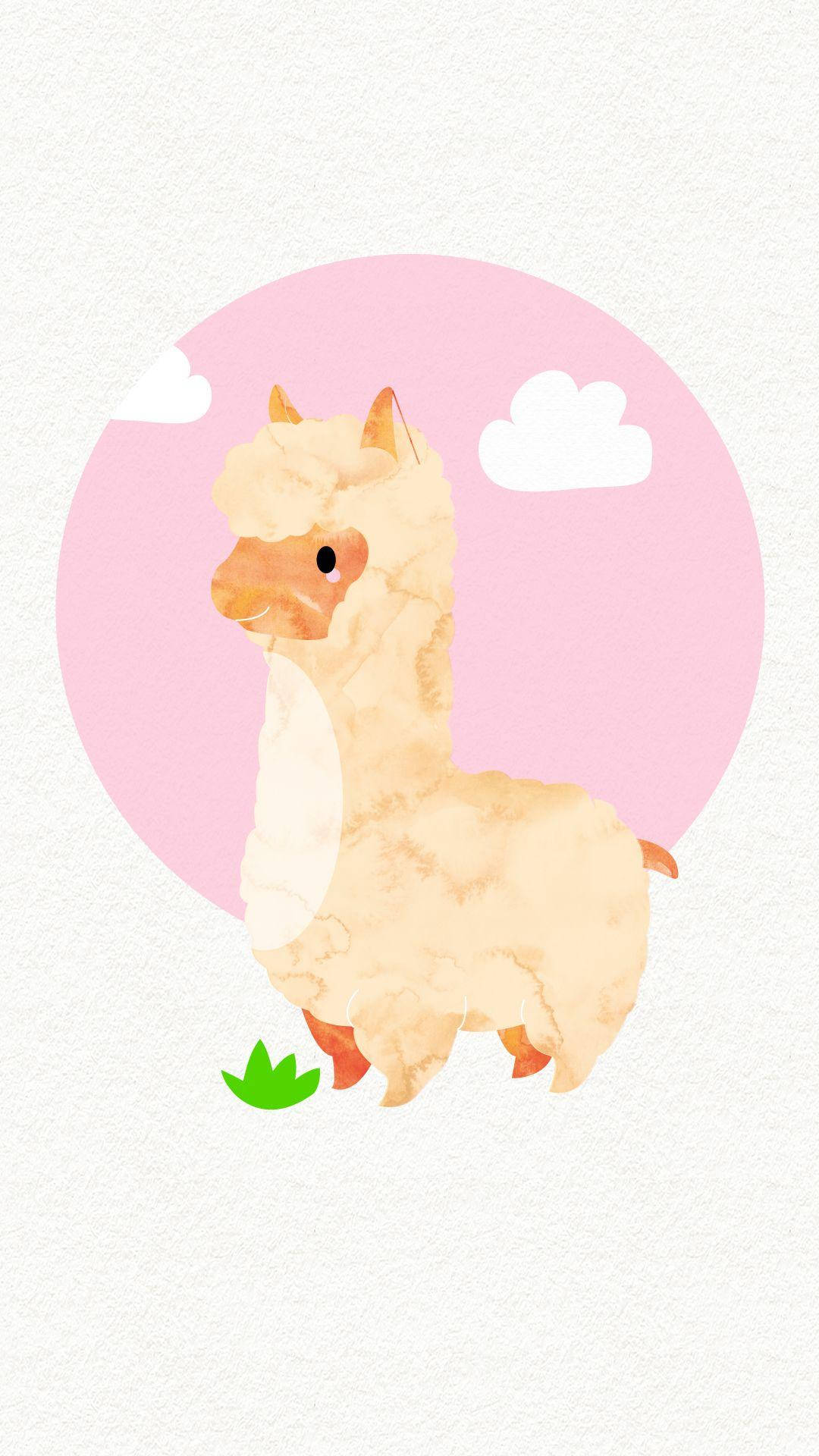 Alpaca 桌布 壁紙 — 一隻可愛的水彩羊駝站在綠色葉子旁邊，在粉紅色太陽和白雲下。