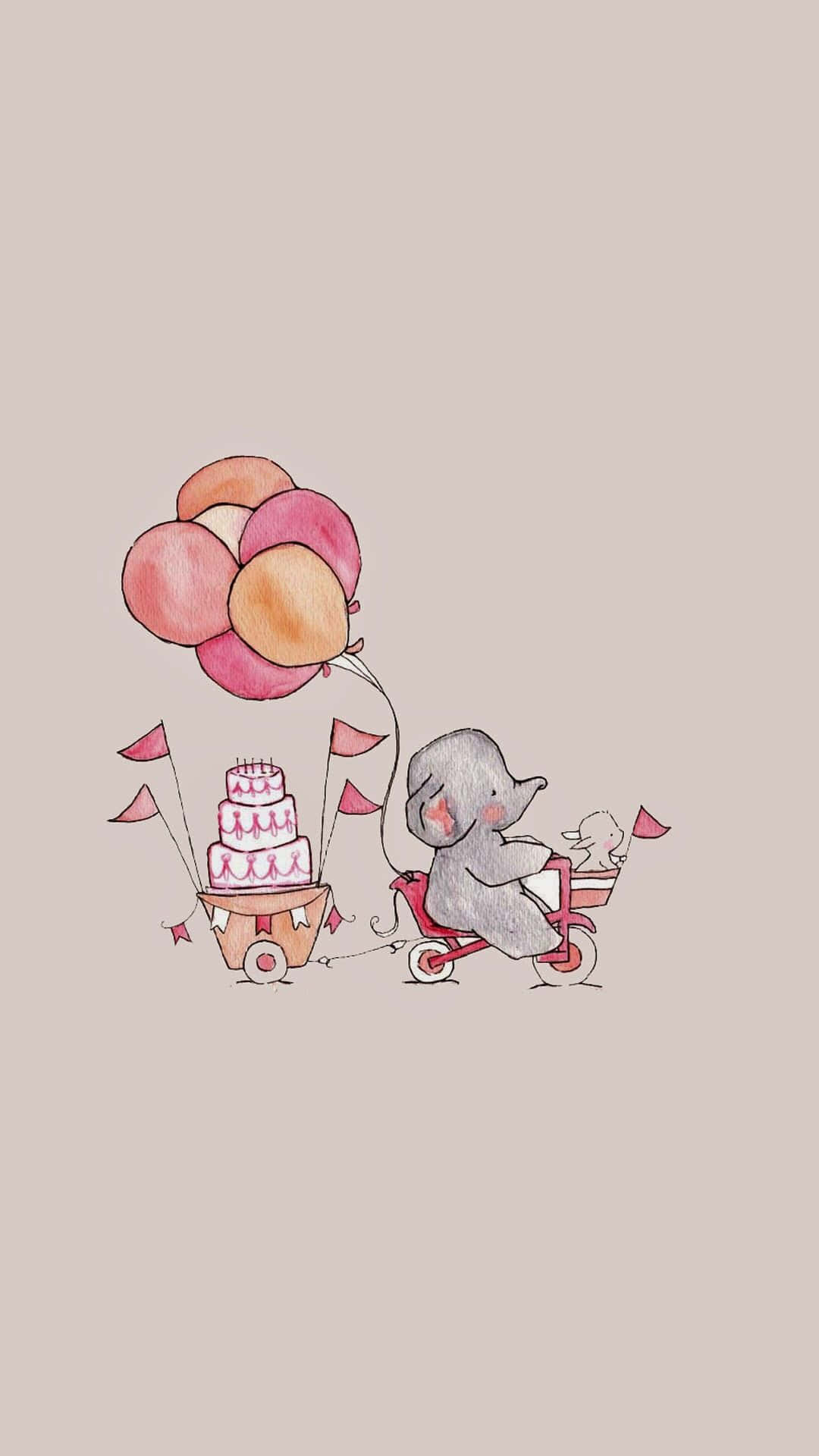 Kawaii Elephant 桌布 壁紙 — 一隻可愛的水彩風格大象騎著紅色三輪車，拉著一輛載有多層蛋糕和粉紅色氣球的車。