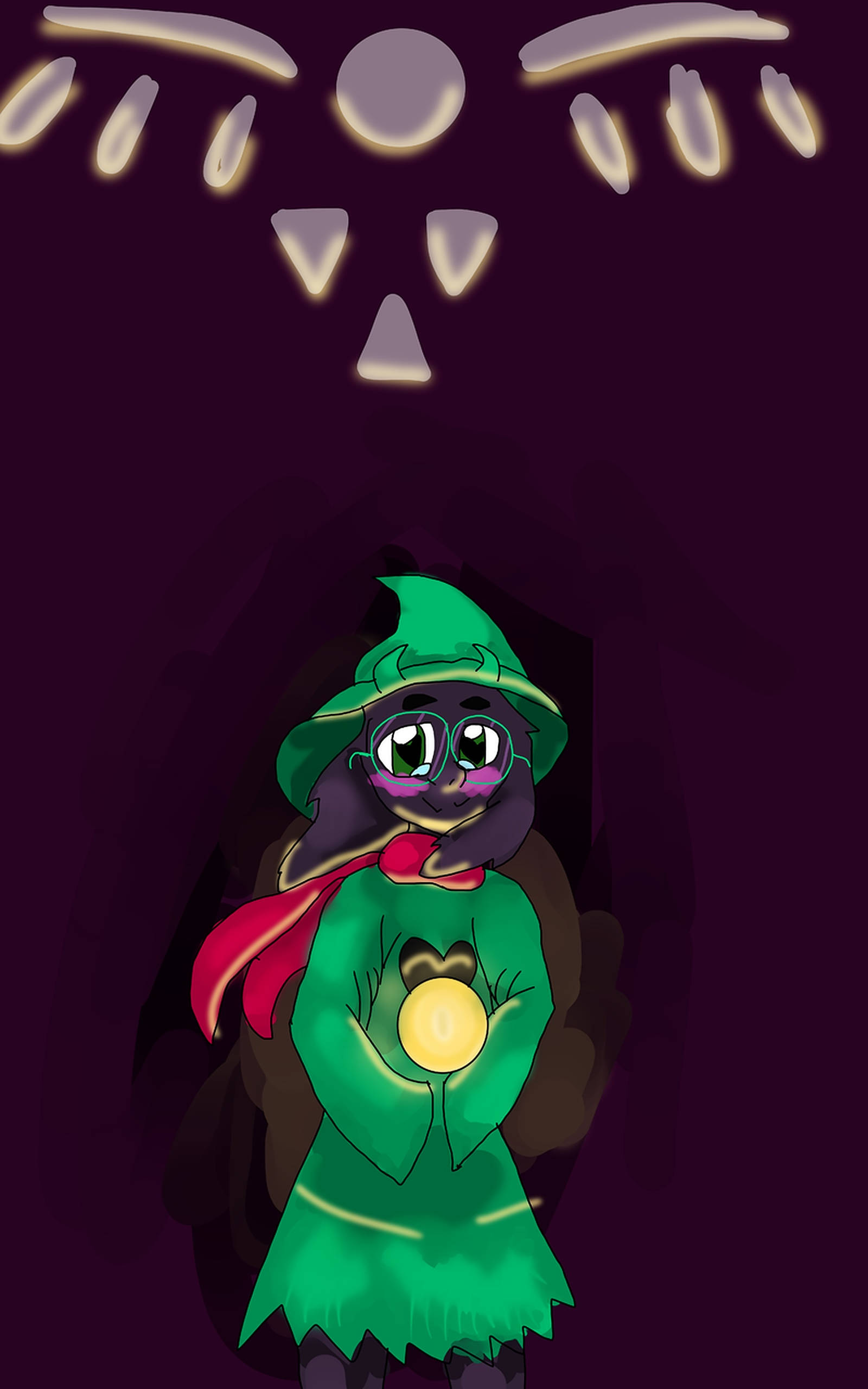 Ralsei 桌布 壁紙 — 一隻可愛的深色毛髮女巫，穿著綠色長袍和帽子，在一個神秘發光符號下面拿著一個發光球體。