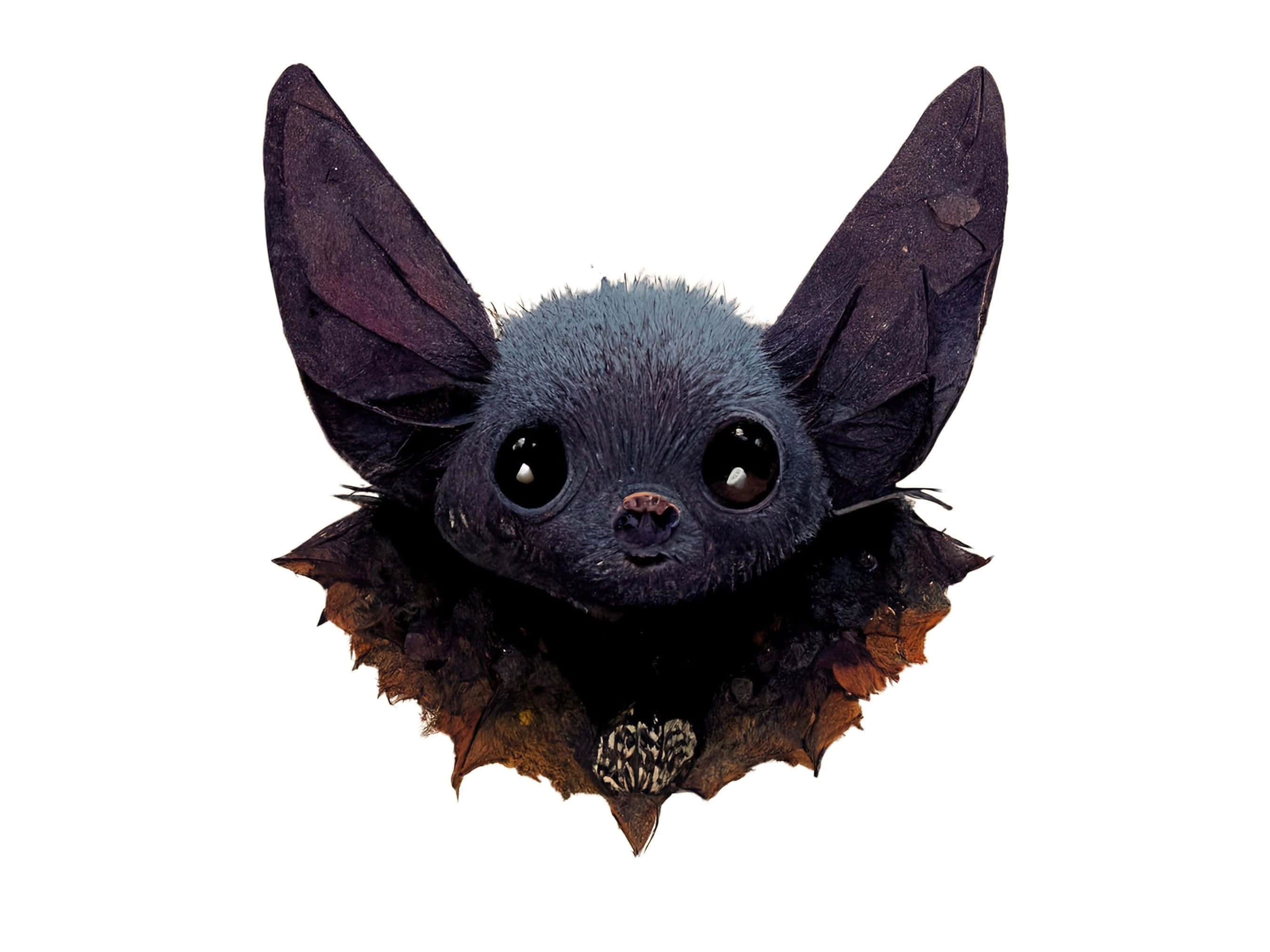 Bats 桌布 壁紙 — 一隻可愛的深色毛髮蝙蝠，有著巨大的圓眼睛和葉狀翅膀，從秋葉後面探出頭來。