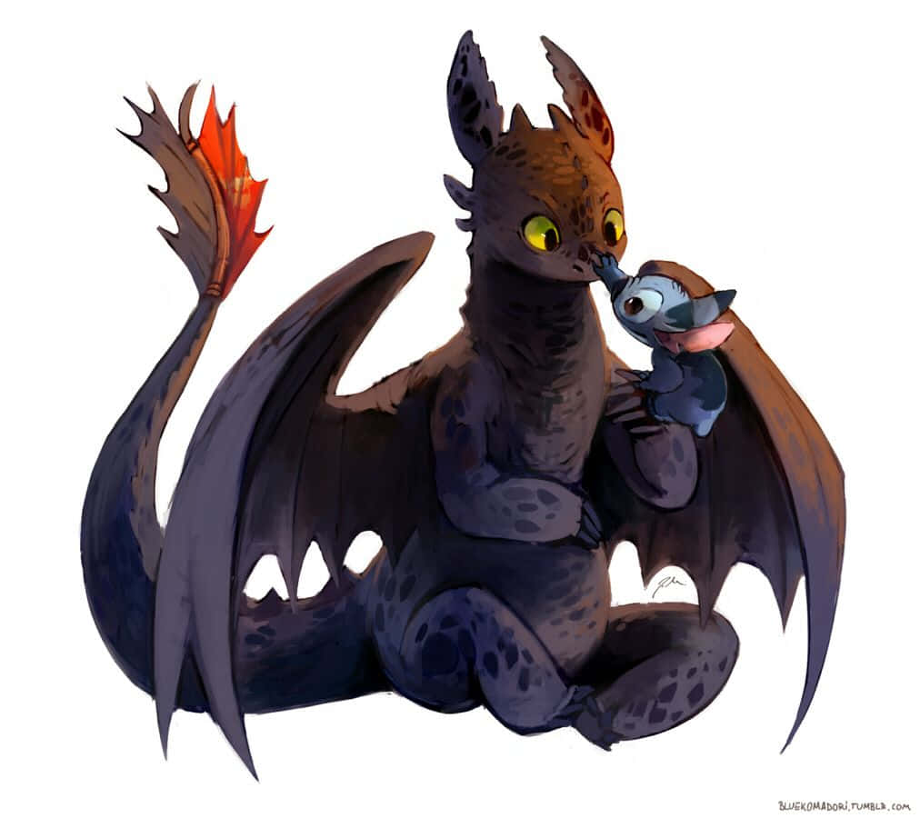 Toothless And Stitch 桌布 壁紙 — 一隻可愛的深色龍，有著發光的黃色眼睛，在純白色背景上輕輕地蹭著一隻藍色小鳥。