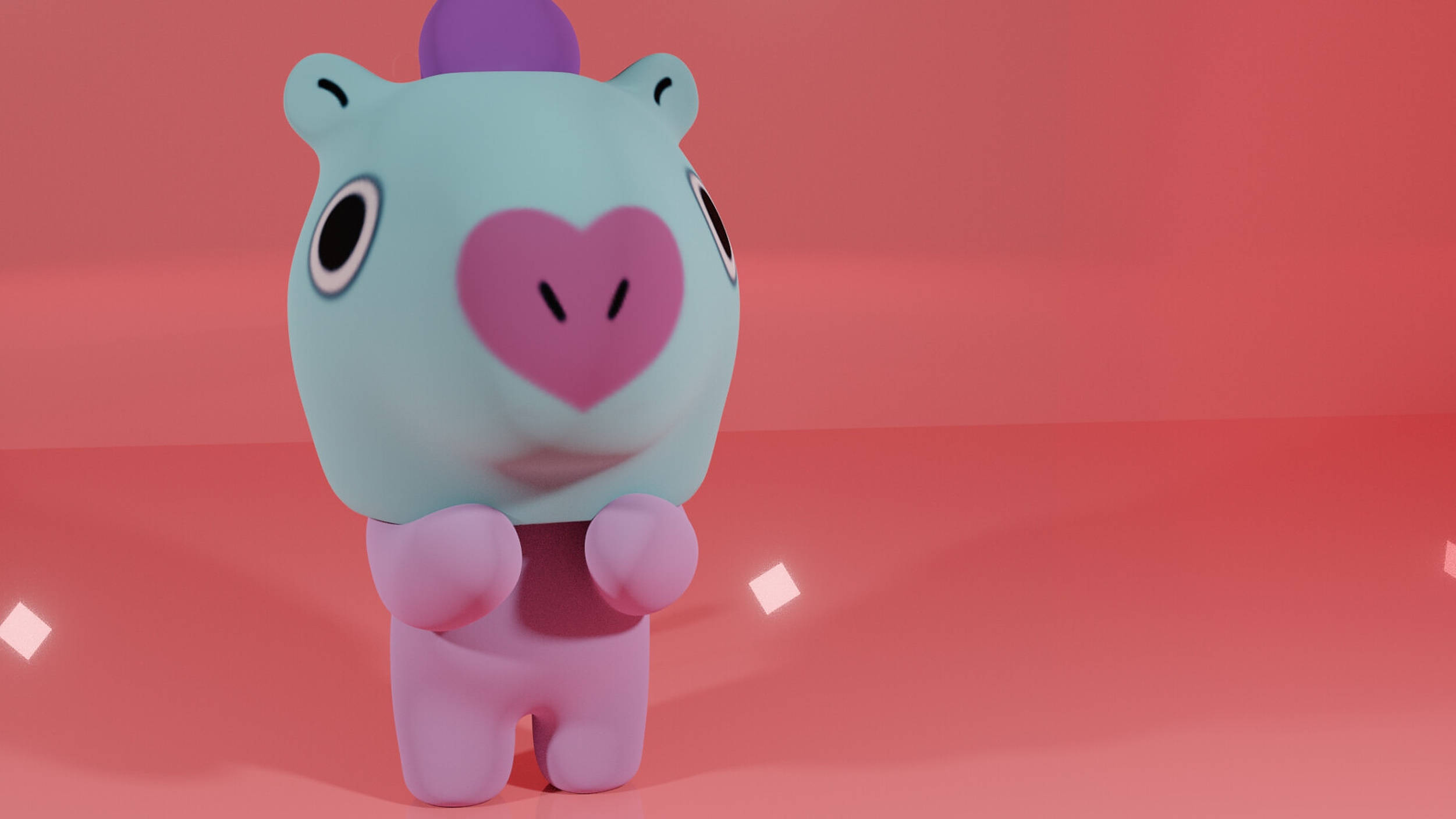 mang bt21 桌布 壁紙 — 一隻可愛的淺藍色3D渲染河馬，帶有粉紅色心形臉和紫色角，站在帶有發光鑽石燈的粉紅色漸變地板上。