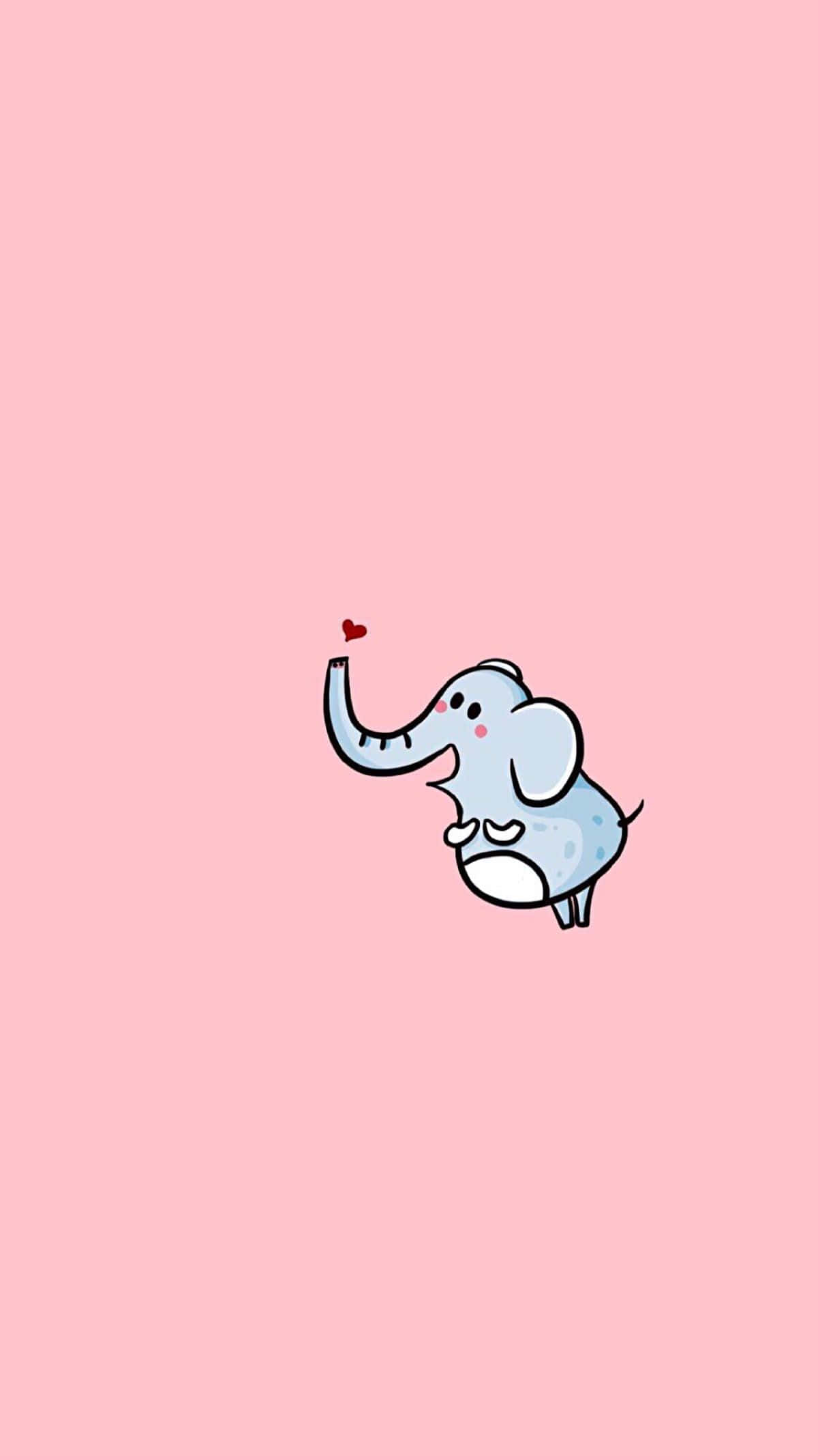 Kawaii Elephant 桌布 壁紙 — 一隻可愛的淺藍色卡通大象，鼻子上有一個心形，漂浮在柔和的粉紅色背景上。